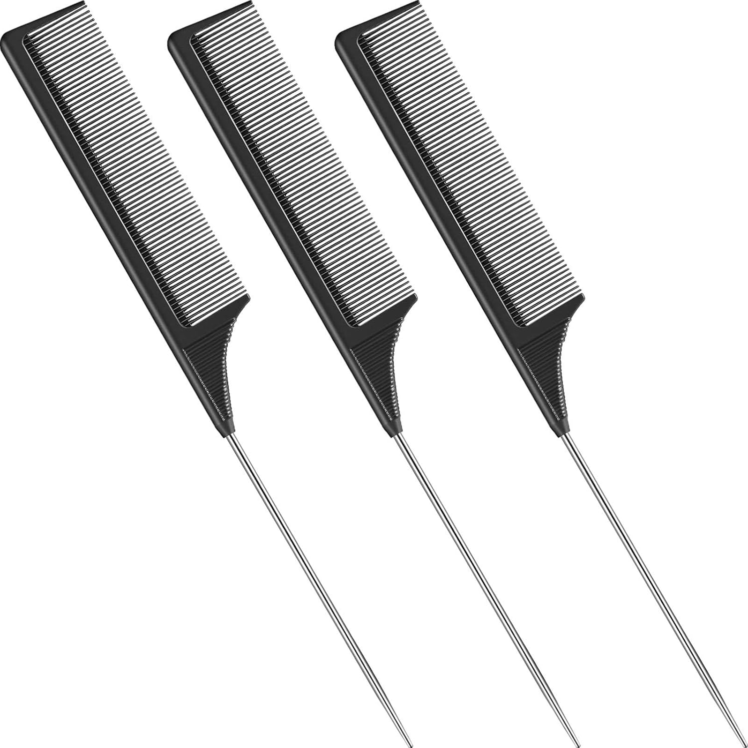 Set of 3 Black Rat Tail Combs - Heat Resistant Carbon Fiber Teasing Combs with Stainless Steel Pintail image number 6