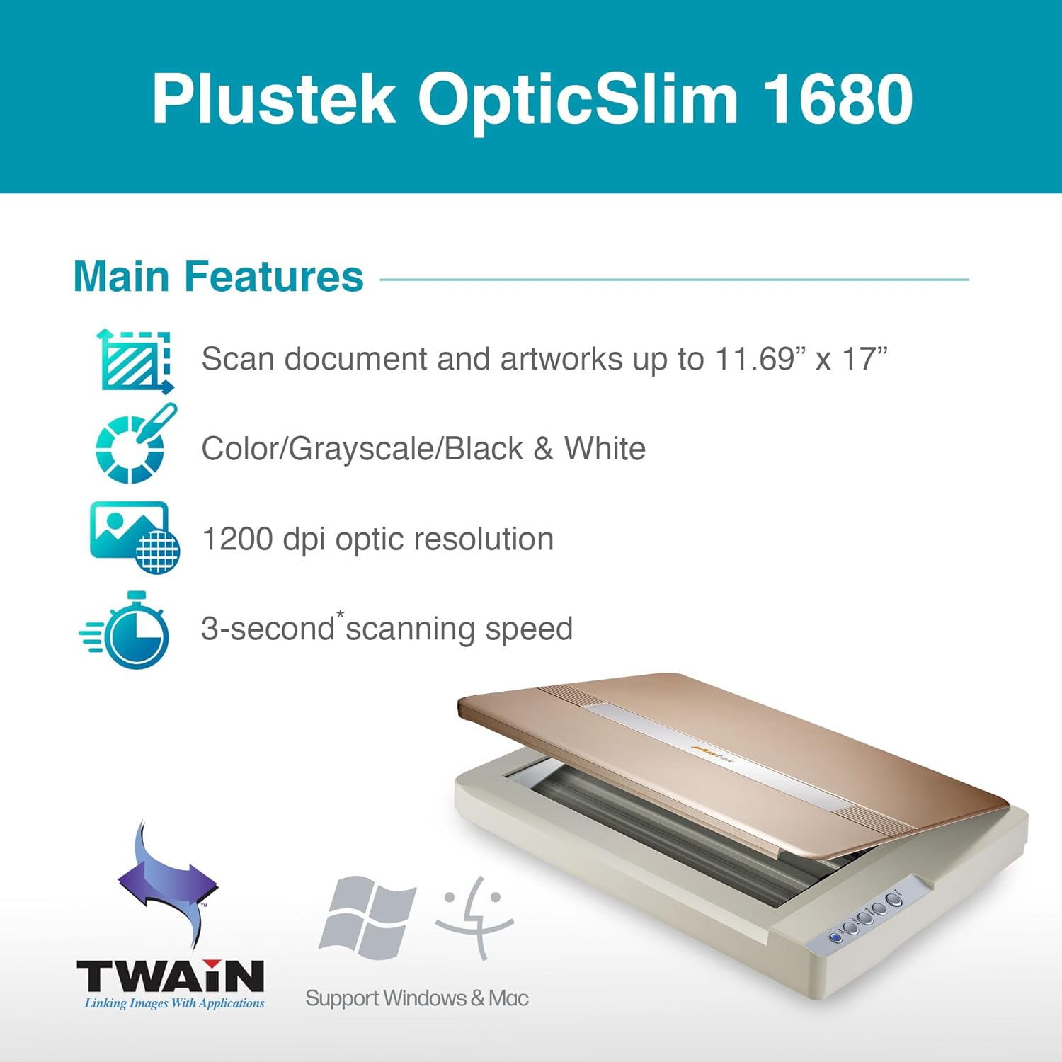 Plustek Opticslim 1680 - High Speed Large Format Flatbed Scanner, Scan Tabloid Size in 3 Seconds. Dual View Function Enable You to Quickly Check the Image Adjustment Effect image number 3