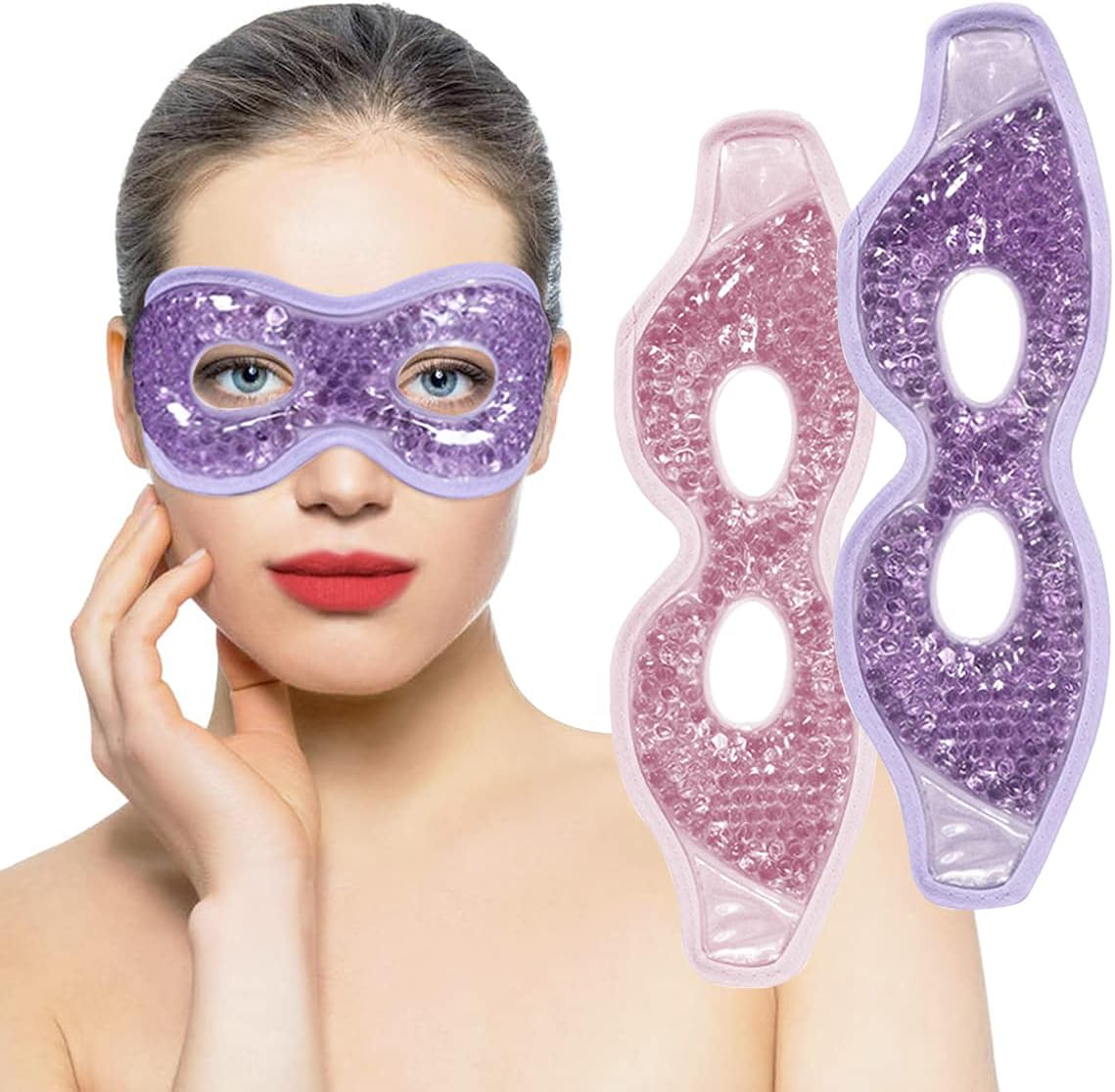 Ruzzut Cooling Gel Eye Mask with Eye Holes, 2 PCS Gel Bead Cold Eye Packs for Puffy Eyes & Swelling, Reusable Hot Cold Therapy Compress Heat Ice Gel Pack, Purple and Pink image number 1