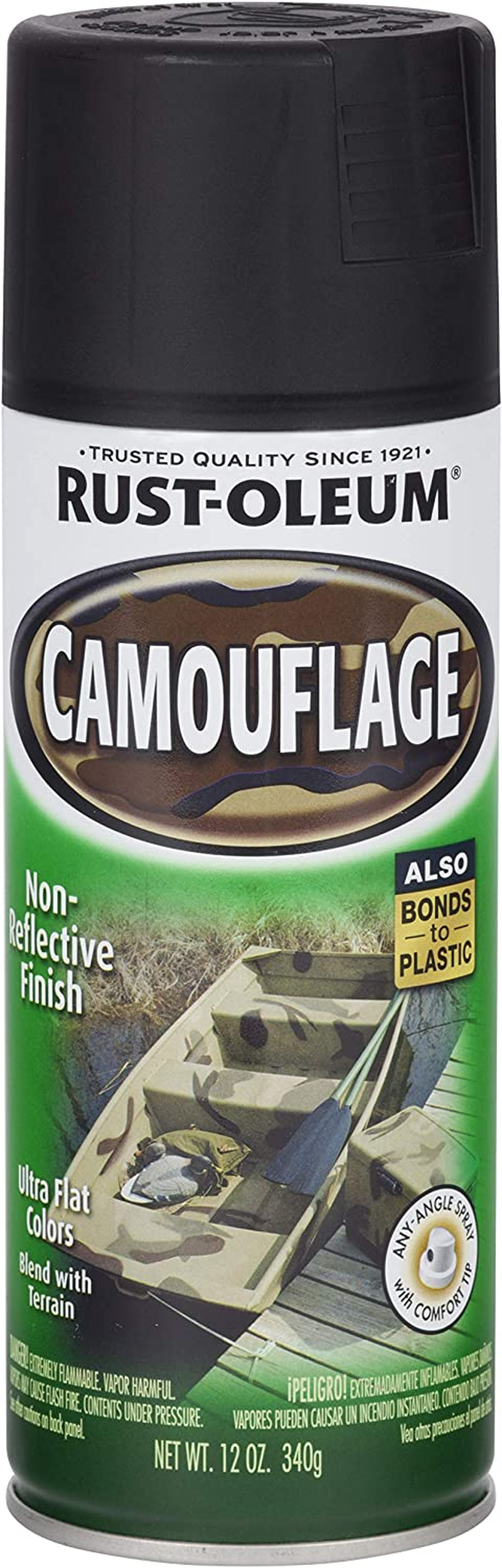 Rust-Oleum Camouflage Spray Paint 340G - Khaki, Flat Non-Reflective Finish, Multi-Surface for Metal, Wood & Masonry &ndash; Fast-Drying for Durable Outdoor Use - Black