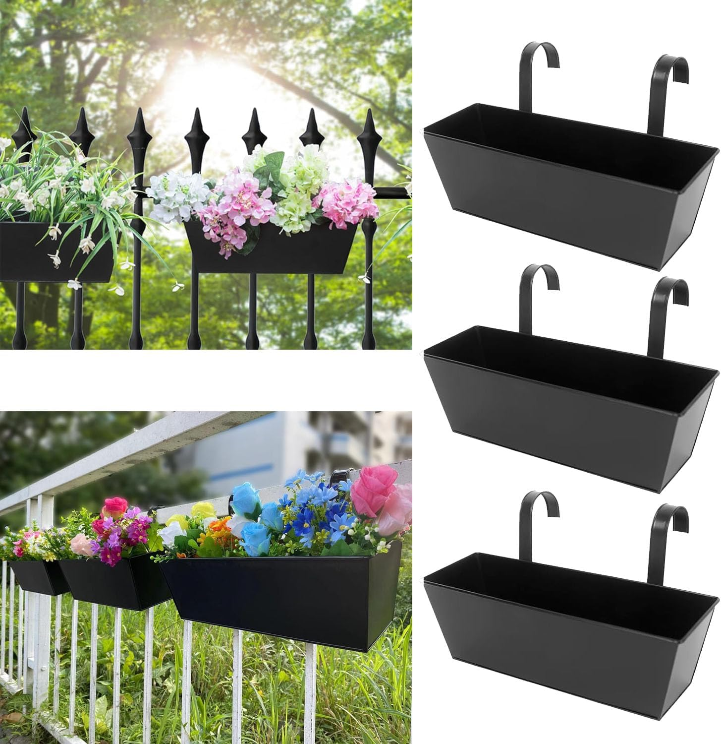 16 Inch Deck-Mounted Railing Plant Pots, Set of 3 Exterior Flower Box for Porch, Patio, Terrace (Black) image number 5