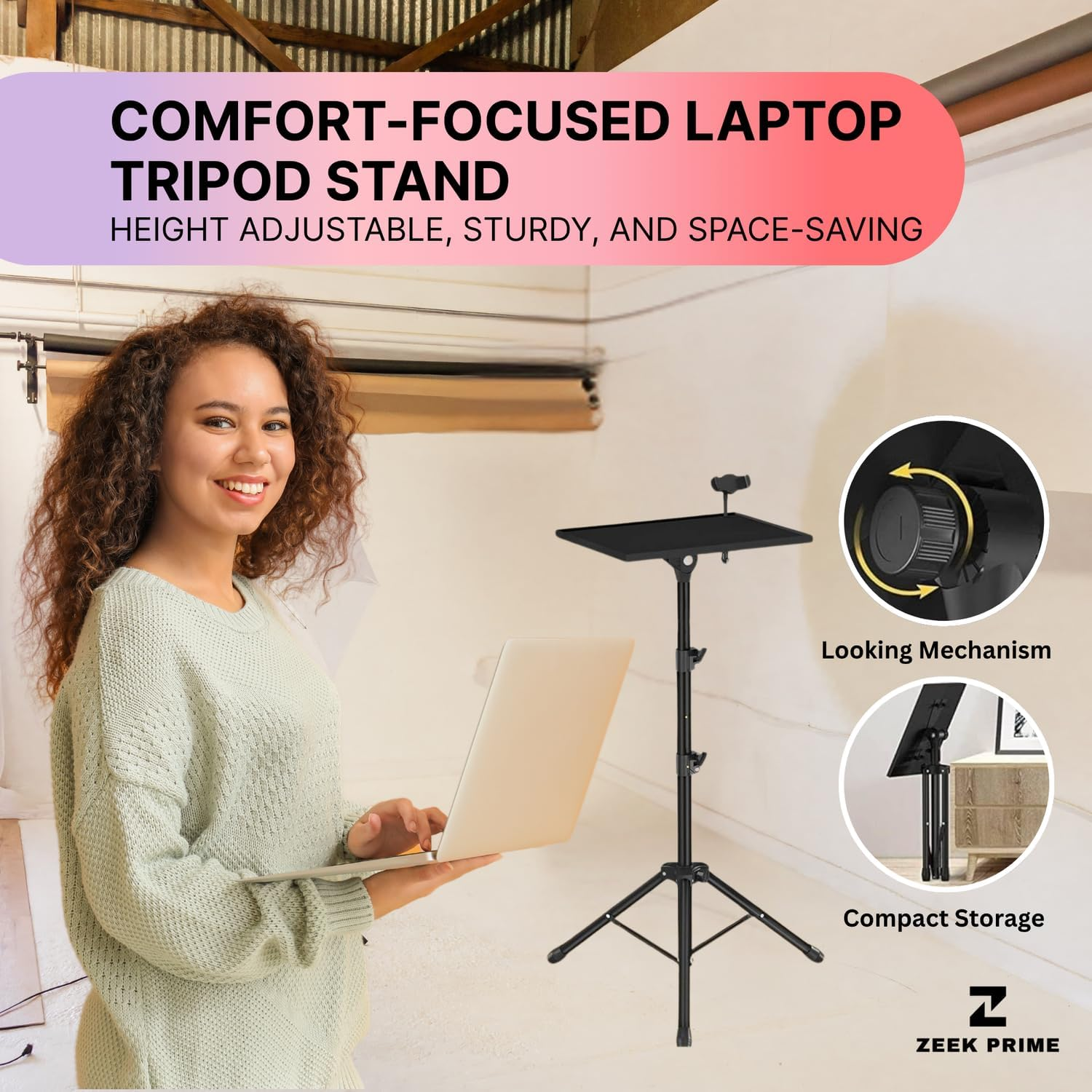 ZEEK PRIME - Adjustable Laptop Tripod Stand with Phone Mount &ndash; Heavy-Duty Alloy Construction, Height Adjustable from 0.65&ndash;1.6M, Load Capacity 15Kg | Portable Projector & Laptop Holder for Home,Office. image number 3