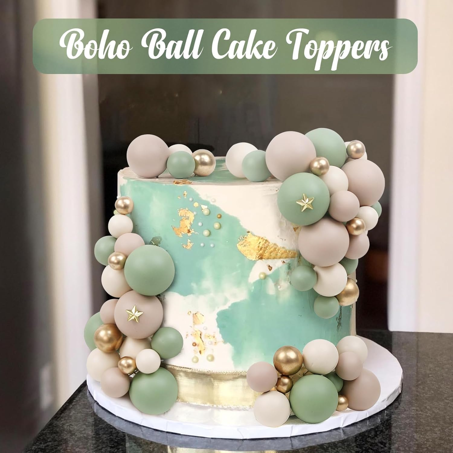 Mini Ball Cake Toppers, Foam Ball Cupcake Insert Toppers, Matcha Green, Light Brown, Khaki, Gold, Ideal for Parties, Baby Shower, Weddings, Non-Edible Cake Decorations, 115 Pieces - Ermaoo image number 1