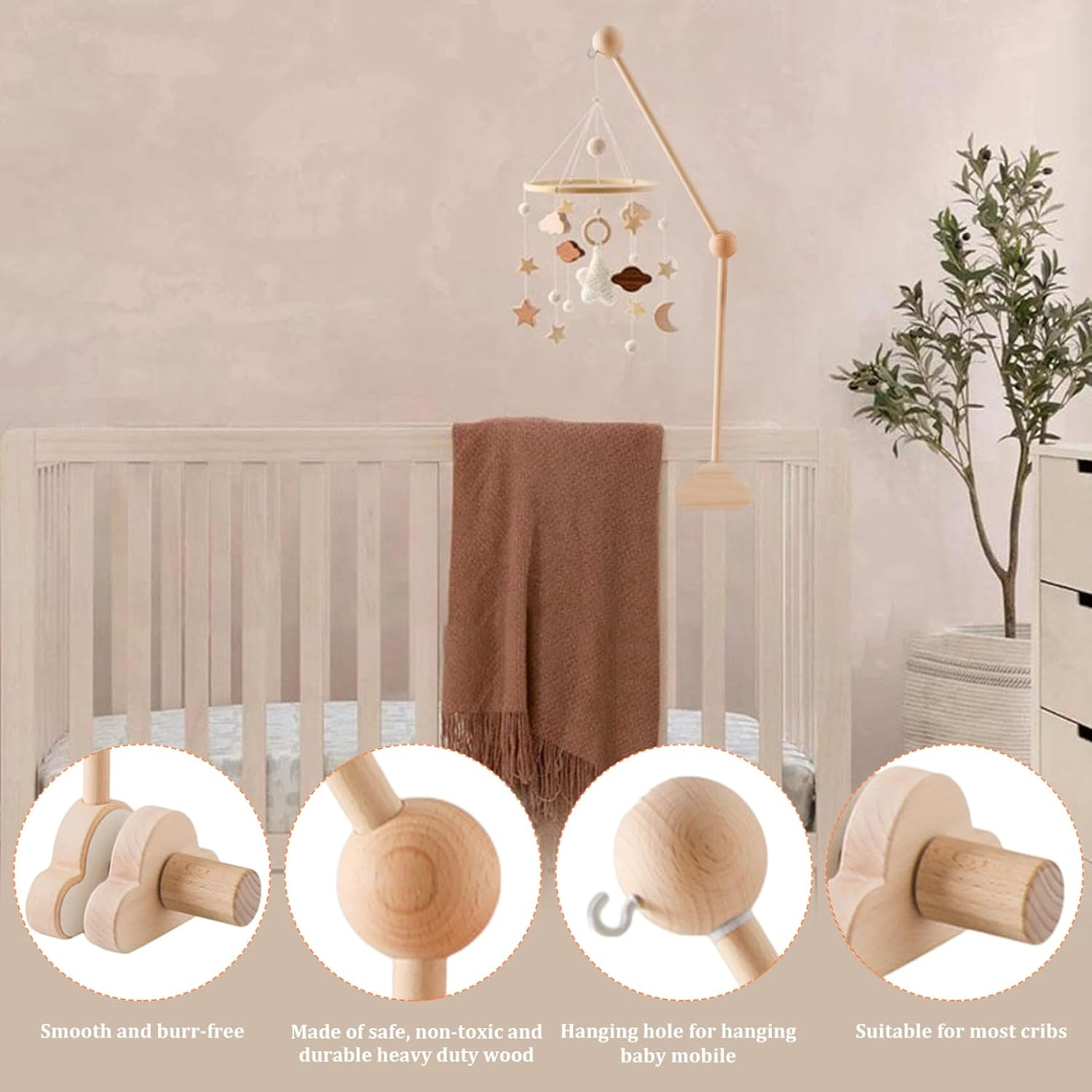 Cot Mobile Arm 27.17Inch Wooden Cloud Design Mobile Arm for Crib Detachable Baby Mobile Hanger Height Adjustable Cute Crib Mobile Arm for Bed Bell Wind Chimes image number 2