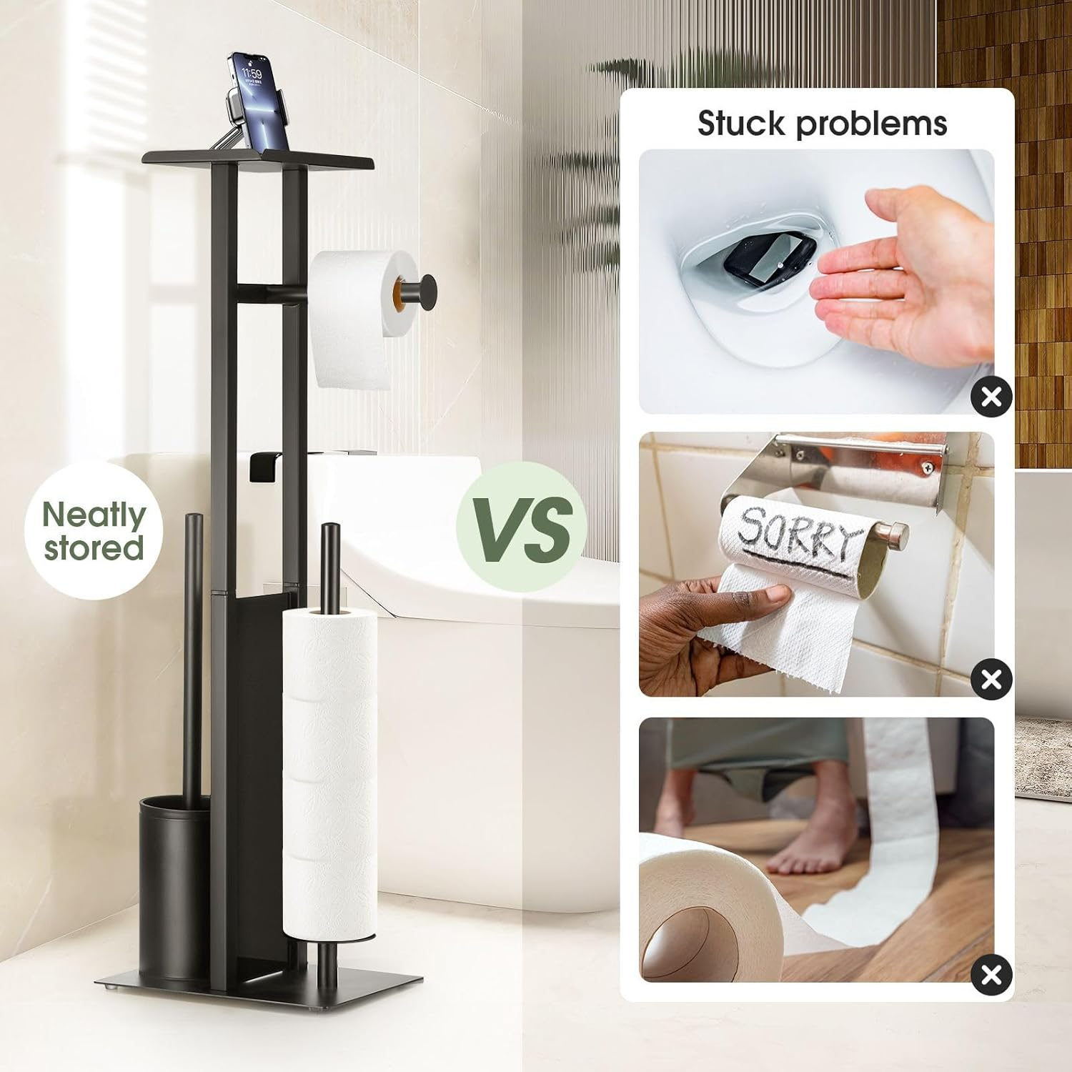 Maxkon Toilet Paper Holder Free Standing Toilet Paper Holder Stand with Storage Shelf & Toilet Brush Bathroom Toilet Paper Roll Holder Floor Standing Toilet Roll Black image number 3