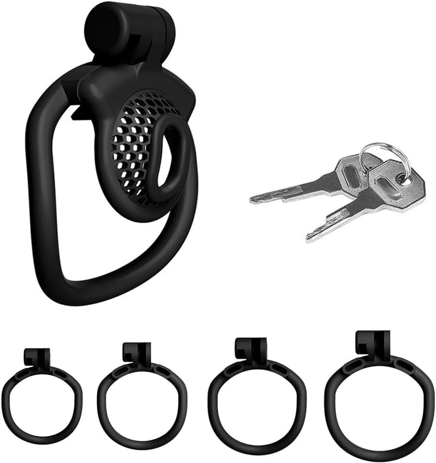 Male Chastity Device Cock Cage Flat Chastity Penis Cage with 4 Different Arc Rings and 2 Keys for Men'S Penis Bondage SM Sex Toys (Black, Negative Pole)