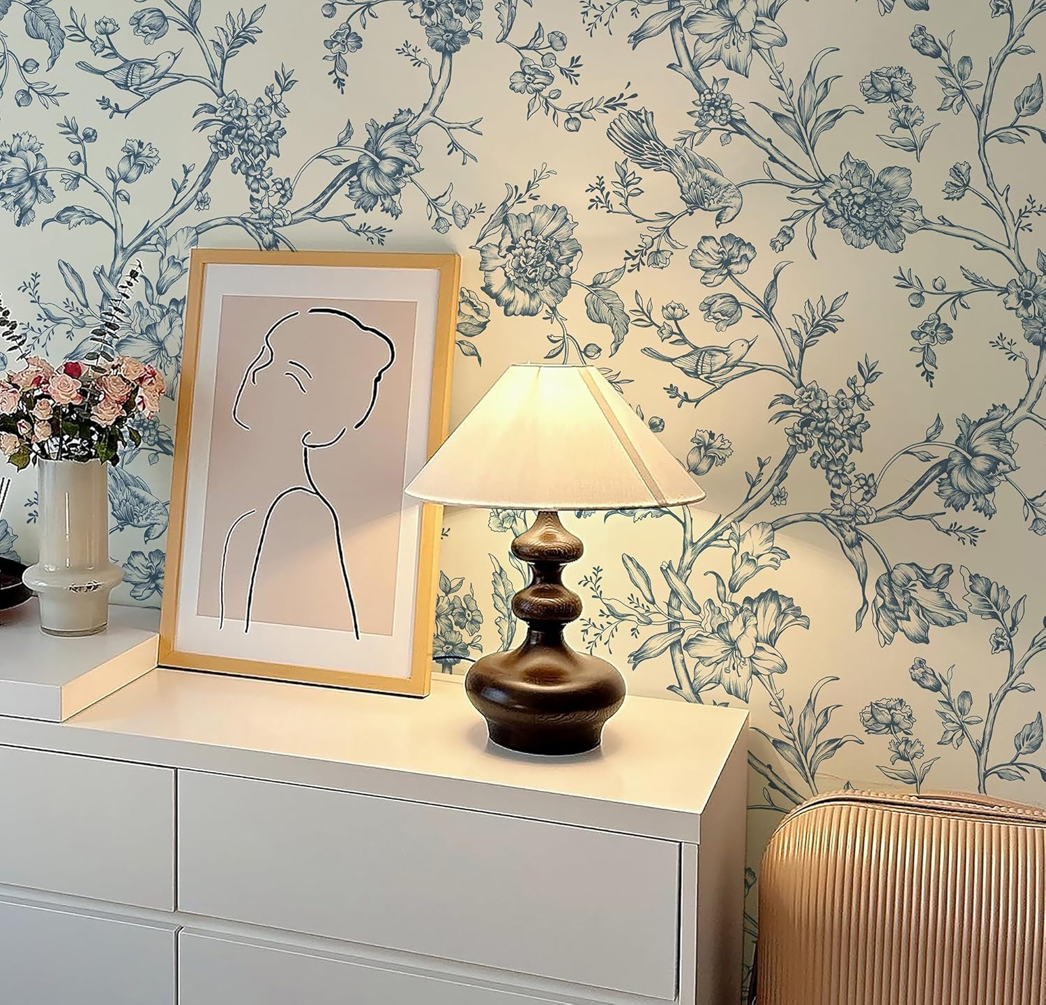 Safiyya Peel and Stick Wallpaper Floral Birds Contact Paper Blue White Wallpaper Peel and Stick Removable Wallpaper Boho Wallpaper Flower Contact Paper for Cabinets Vinyl Rolls 118"X17.3" image number 6