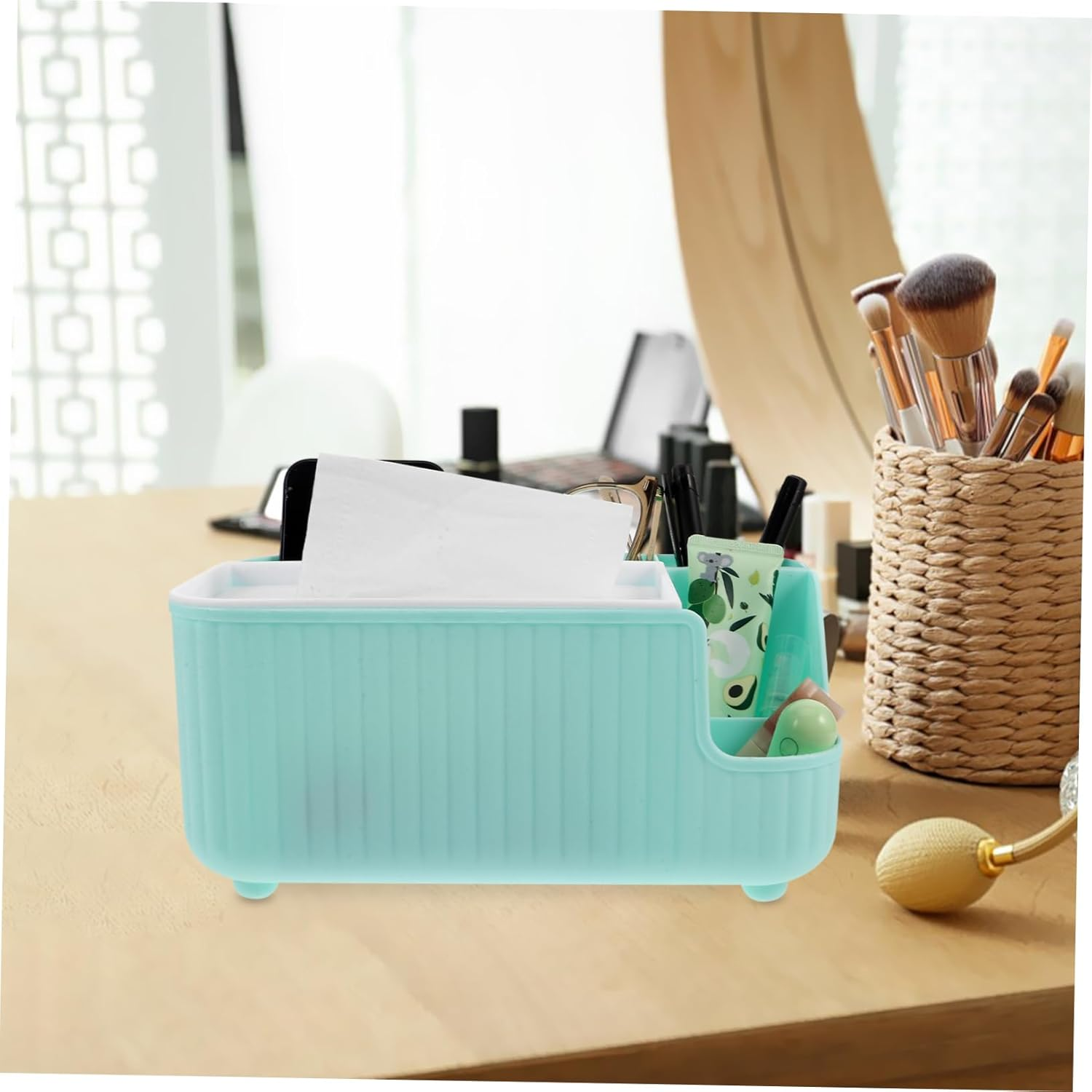 TIDTALEO Multifunctional Tissue Box Storage Napkin Holder for Table Plastic Organizer Compartment for Pens Remote Glasses and Notepads image number 4