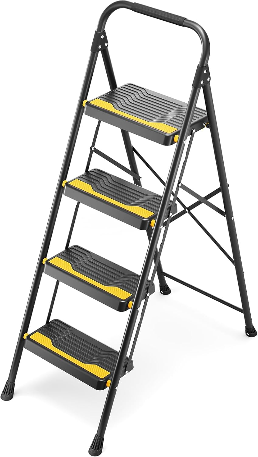 Urackify 4 Step Ladder, Heavy-Duty 150Kg Capacity, Wide Anti-Slip Steps & Secure Handrail Compact, Folding Step Stool Portable Design for Home, Kitchen, Office, Pantry, Closet Use, Black