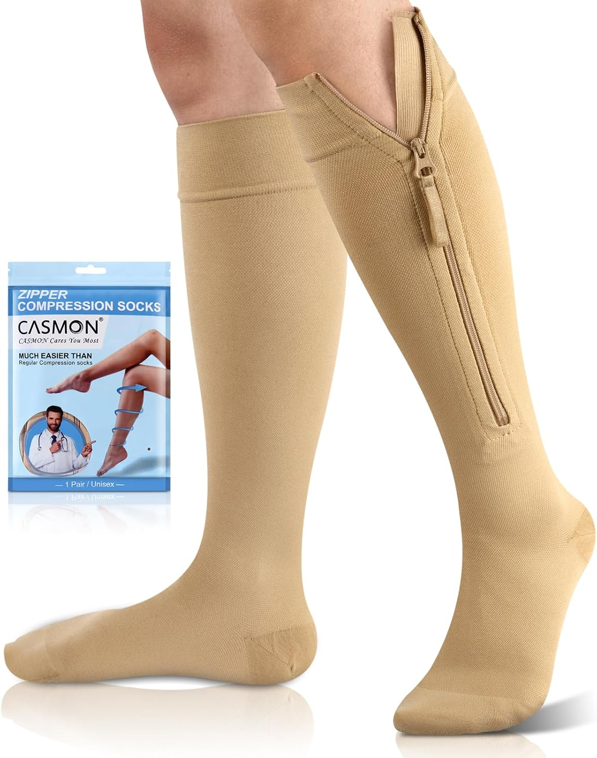 CASMON 15-20Mmhg Zipper Compression Socks for Women and Men, Knee High Compression Stockings, Medical Closed Toe Support Socks for Varicose Veins, Post-Surgery, Swelling, Nurses, Pregnancy (1 Pair)