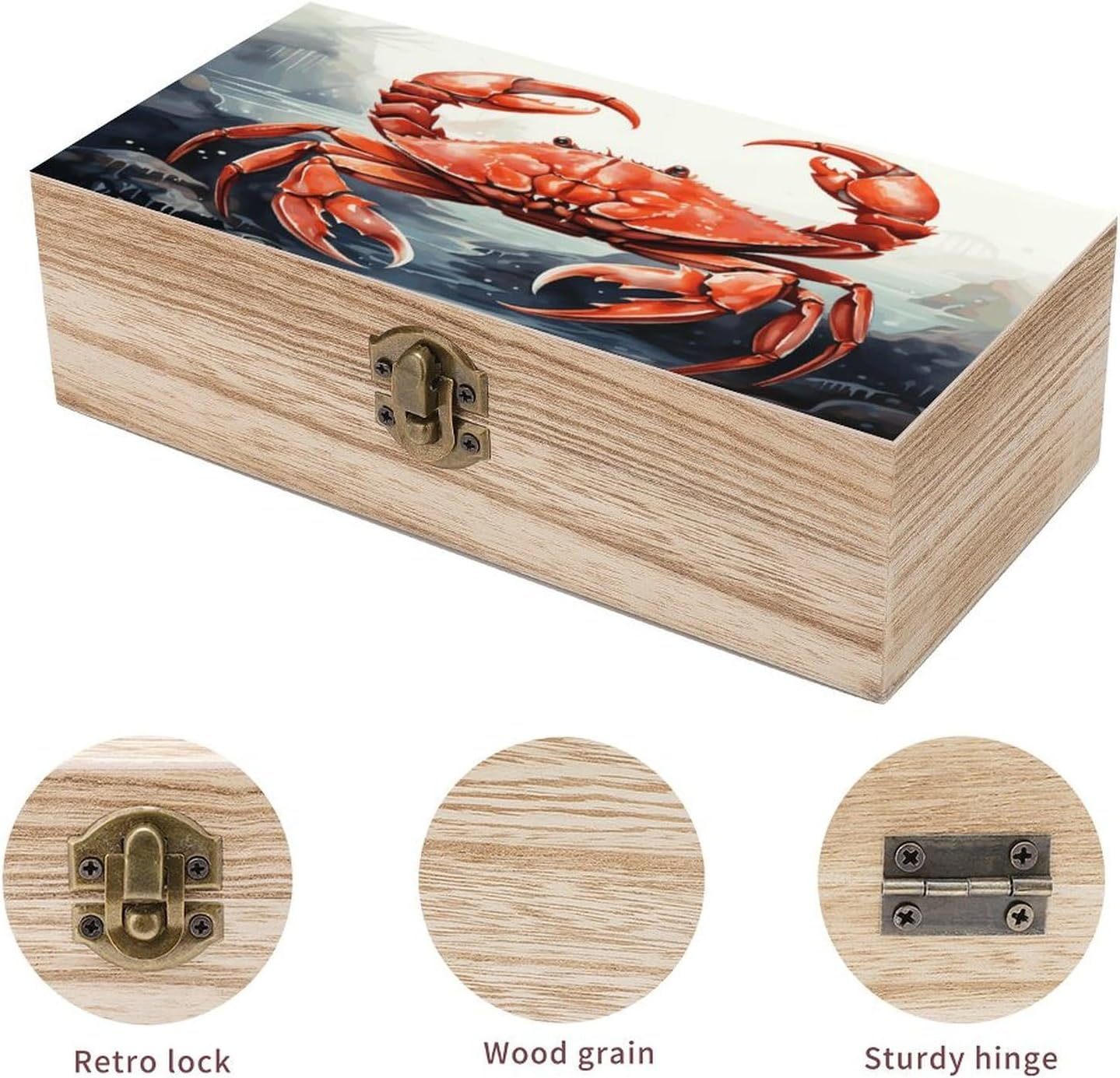 Red Crab Sea Wooden Box Wood Wedding Keepsake Boxes with Lids Small Decorative Boxes Lightweight Wooden Memory Storage Box for Crafts Keepsakes Jewelry Photo Letter Storage