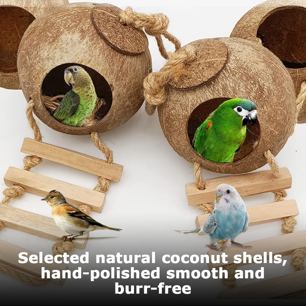 Coconut Hut,Hideout Cave,Coconut Hideout,Hanging Birdhouse Cage,Bird Shell Breeding Nest,For Parrot Parakeet Lovebird Finch Canary,For Home Garden Bedroom Living Room,Polished Lanyard Style