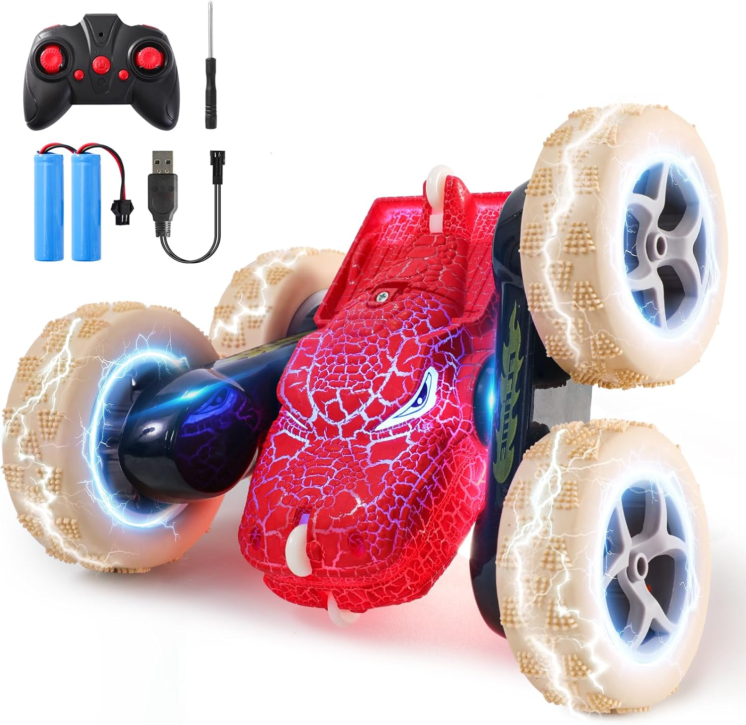 Remote Control Car for Kids &ndash; 2.4Ghz Dinosaur Monster RC Stunt Car - 360&deg; Rotating Drift with LED Lights - Rechargeable 4WD Toy for Boys and Girls Ages 6+ - Indoor/Outdoor RC Vehicle (Blue)
