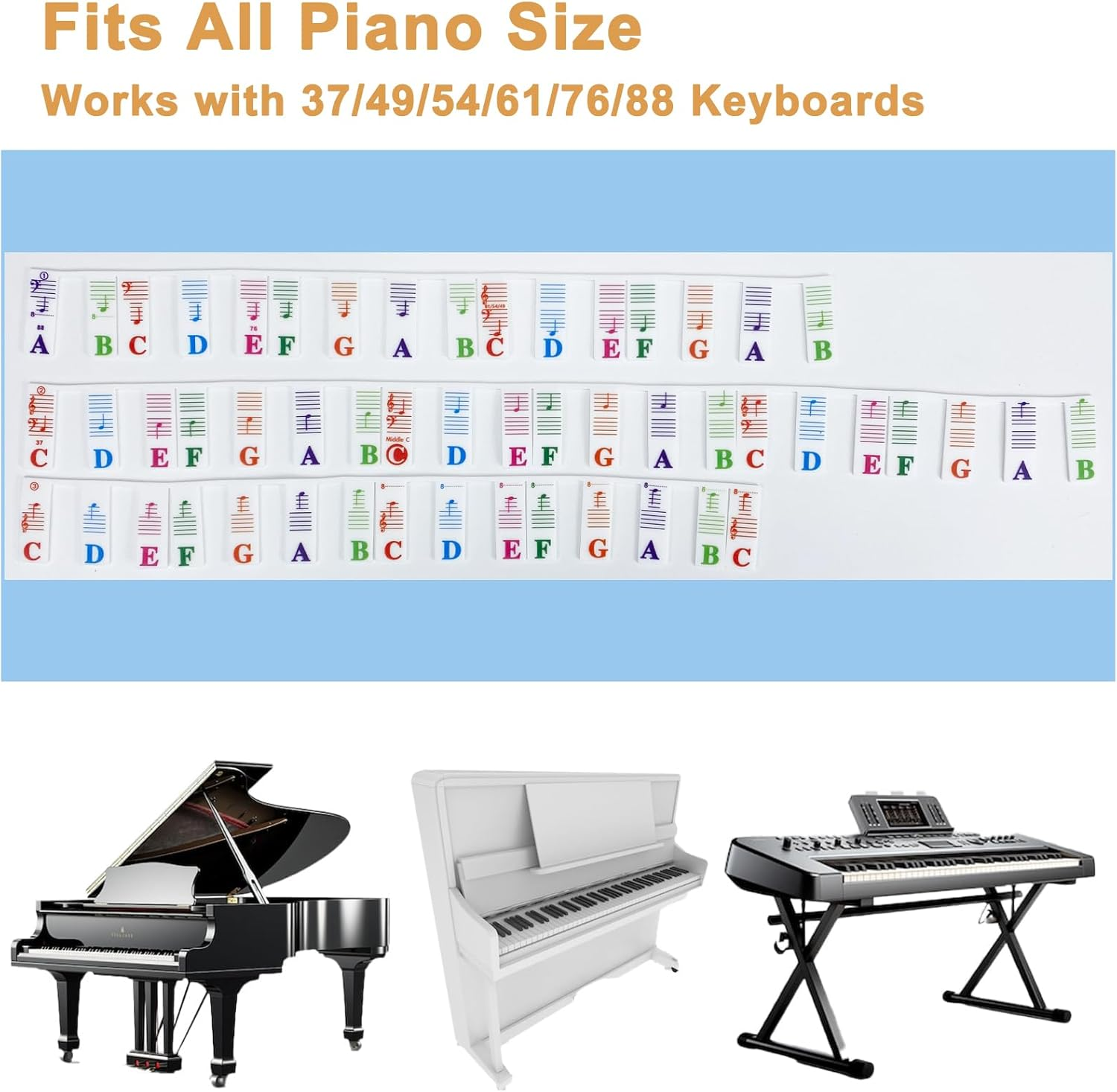 Piano Key Labels, Azymi Removable Keyboard Note Guide for Beginner for 88/76/61/54/49/37 Keys Reusable Silicone Strips Multi-Color Larger Bold Letter for Kids image number 1