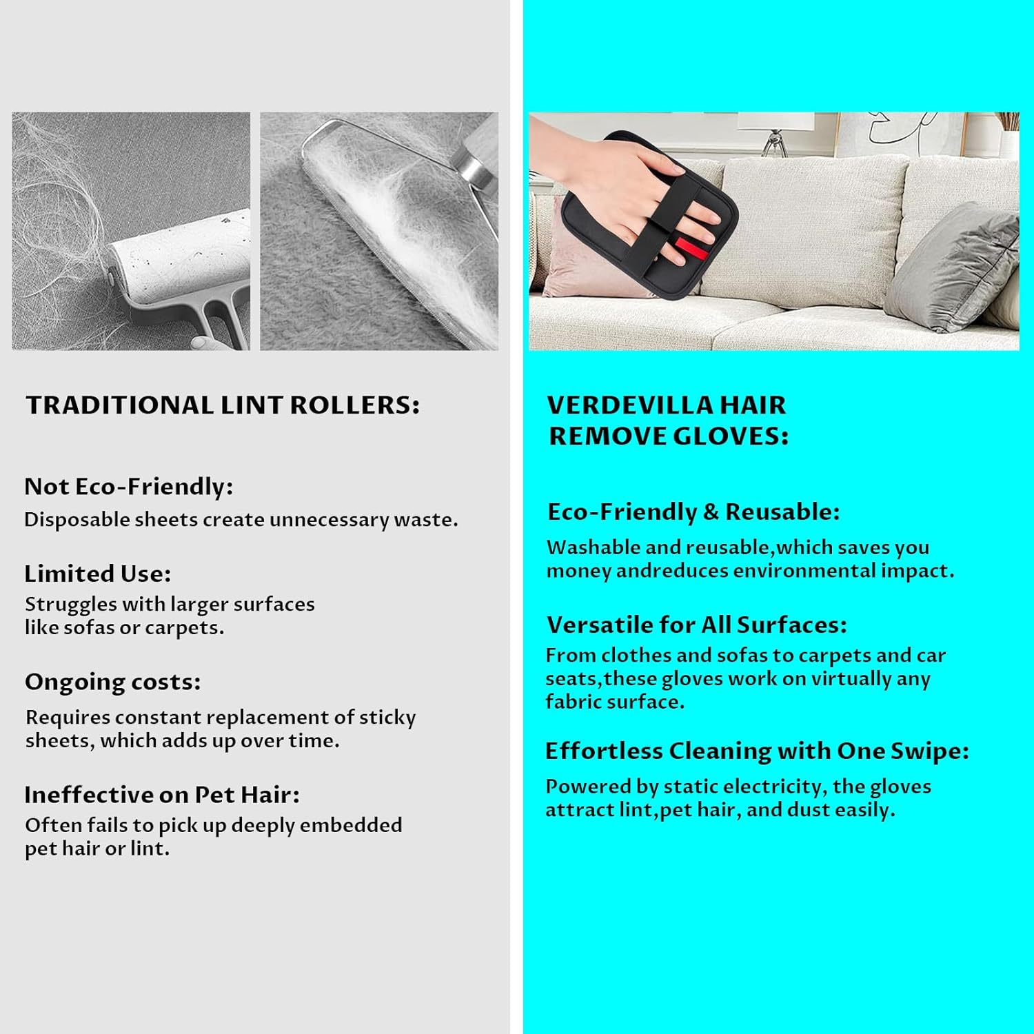 VCCLFSIA 2-Pack Electrostatic Pet Hair Remover, Double-Sided Pet Hair Removal Gloves, Reusable Cat & Dog Grooming Gloves for Couch, Furniture, Carpet, Car Seat, Blankets, Clothes image number 4