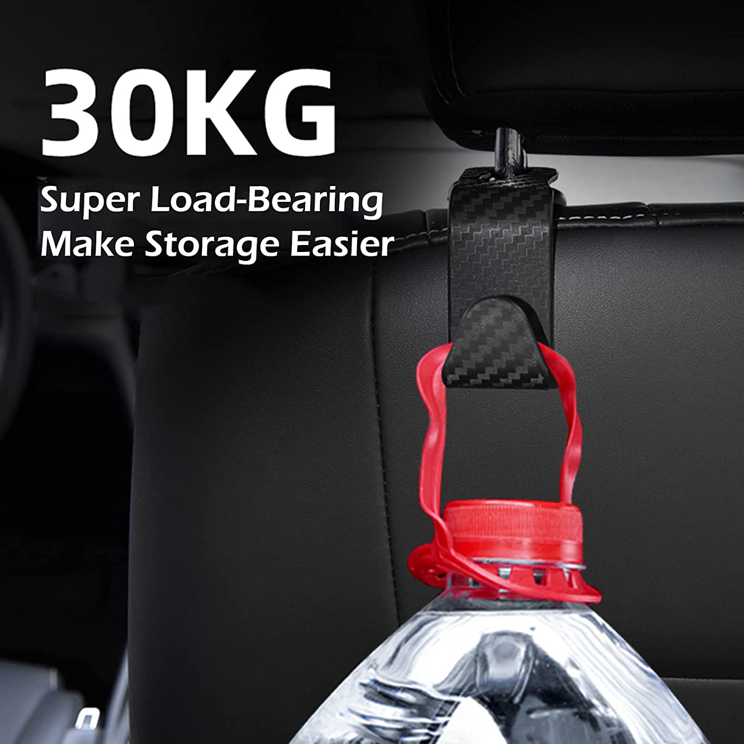 4 Pack Car Seat Headrest Hooks, Carbon Fiber Texture Purse Holder Storage Hook for Car Handbag Clothes Coats Grocery Bags, Black image number 6