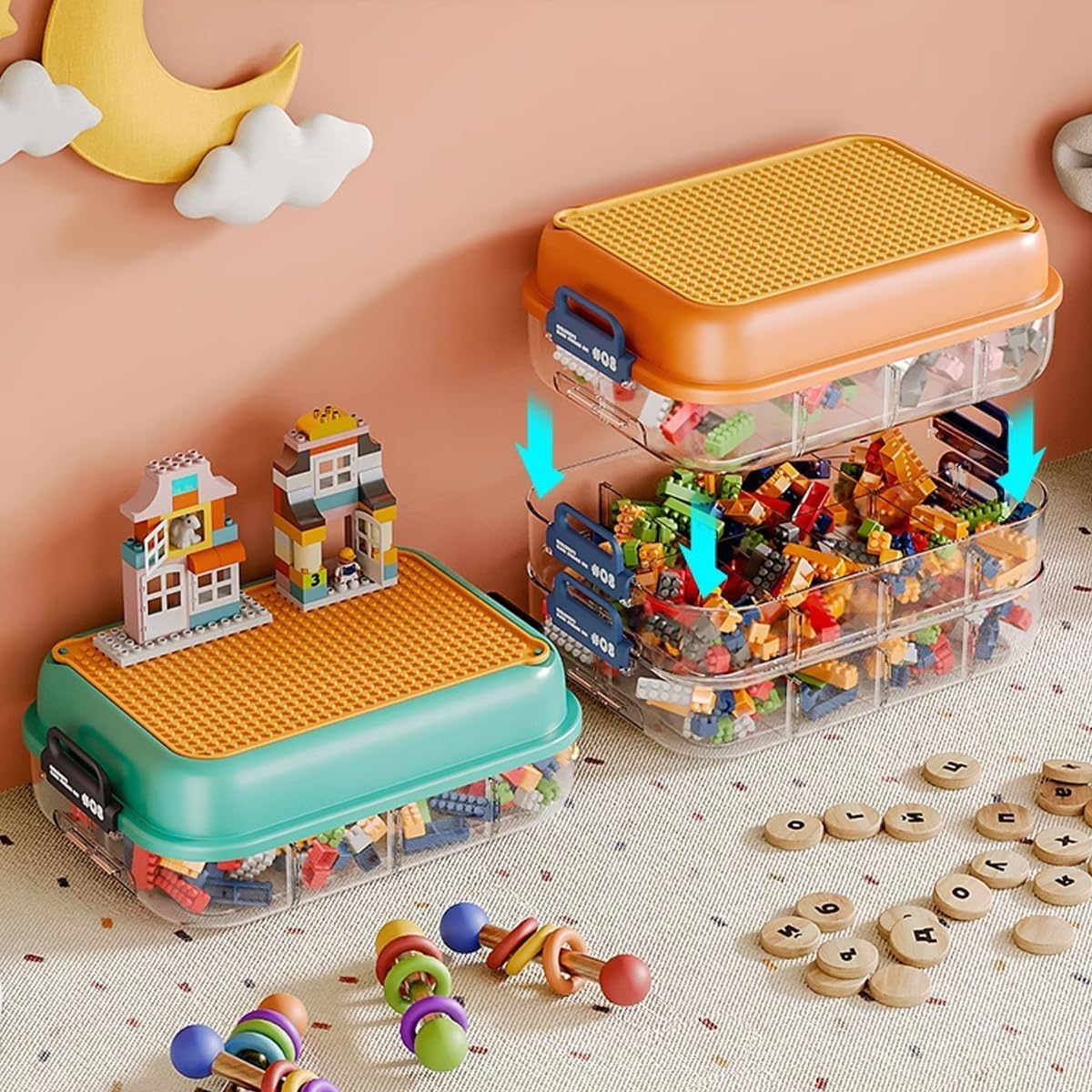 AIMALL Multi-Compartment Toy Storage Box with Small Parts Classification, Building Blocks Storage Box, Sorting Organizer with Large Capacity for Kids - Orange, Green