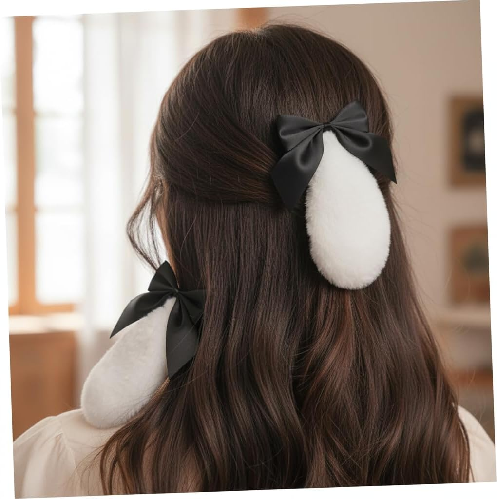 1 Pair Girls Bunny Plush Lop Ears Hair Clip Rabbit Furry Ears Ribbon Bow-Knot Hair Hairpin Cosplay Headwear Easy to Wear Ornaments,And Accessories Clips and Barrettes Accessories (Black) image number 3