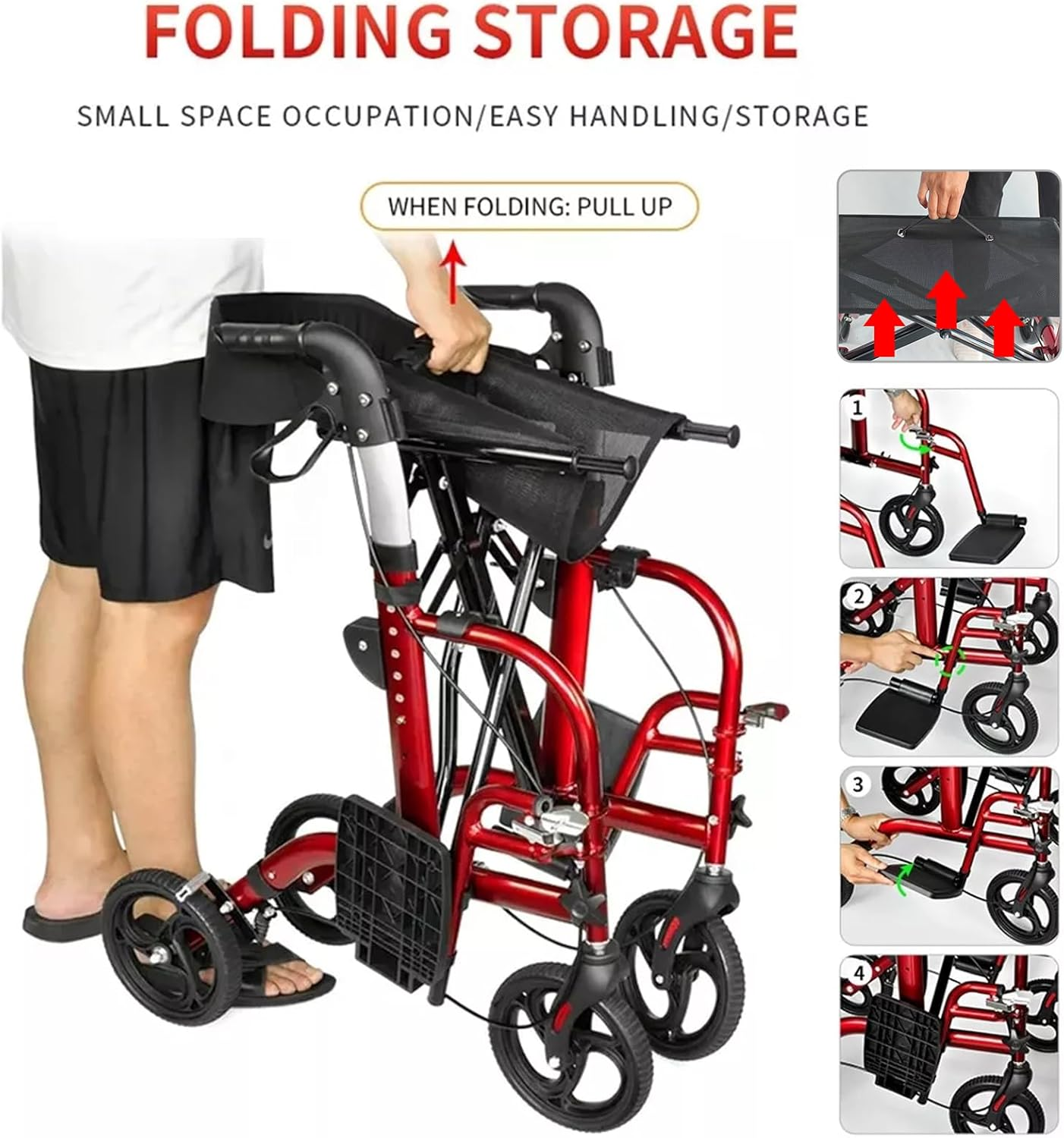 Lightweight Wheelchair & Mobility Walker &ndash; 2-In-1 Foldable Rollator with Seat, Brakes, 8" Wheels & Detachable Bag (Red) image number 1