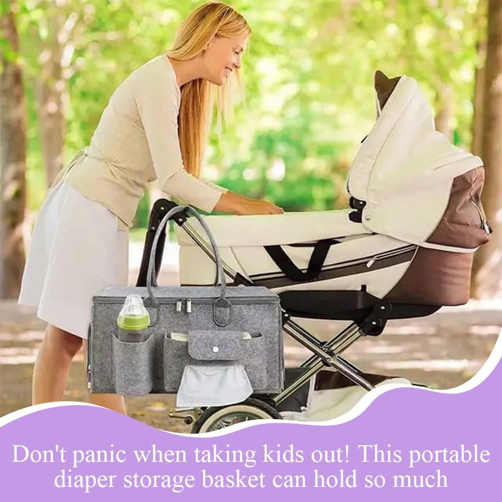 Organizer with Handle & Large Portable Basket,Portable Tote Bag/Diaper Caddy Organizer,Nursery Storage Bin Charcoal Gray Essentials Must Haves Item image number 5