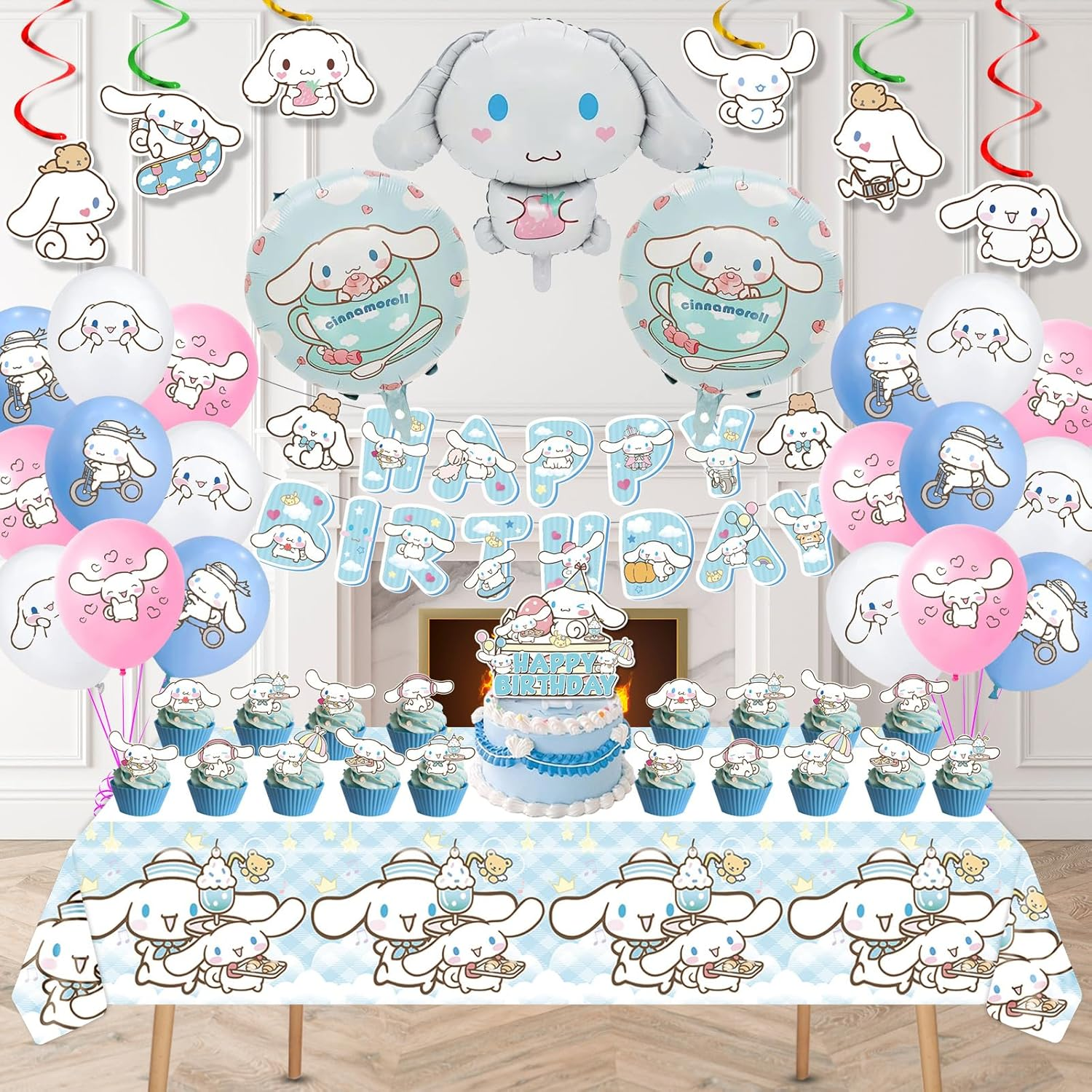AVONO Cinnamoroll Birthday Decorations, Party Supplies Set Include Banner, Balloons, Hanging Swirls, Cake Cupcake Toppers, Tablecloth for Kids Cinnamoroll Theme Party image number 4
