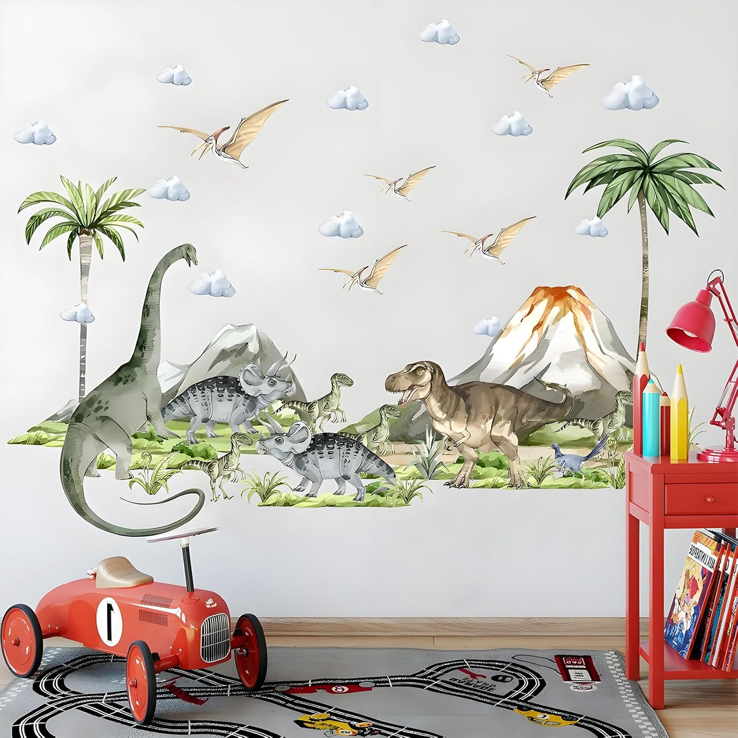 ZHIGOU Large Dinosaur Wall Sticker - Watercolor Tropical Palm Tree Wall Sticker Plant Peel off Wall Sticker - Nursery Kids Bedroom Playroom Baby Nursery Decor image number 1