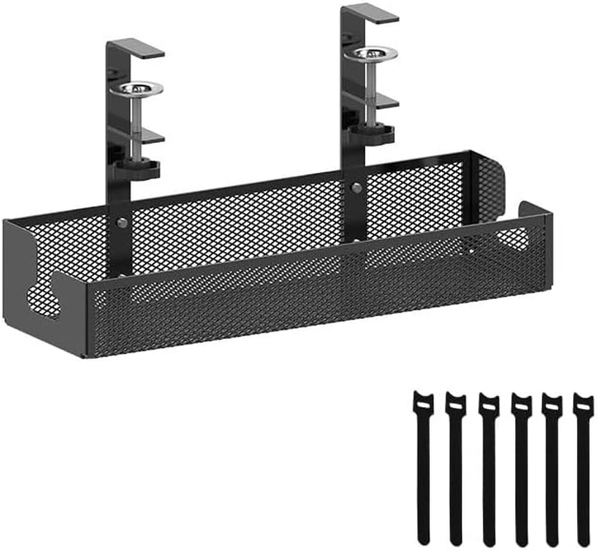 Under Desk Cable Management Tray No Drill, Metal Mesh Cable Management under Desk with Clamp Mount, Table Organizers and Accessories, Cord Storing for Home,Office and Workspace Organizers, Black - White image number 6
