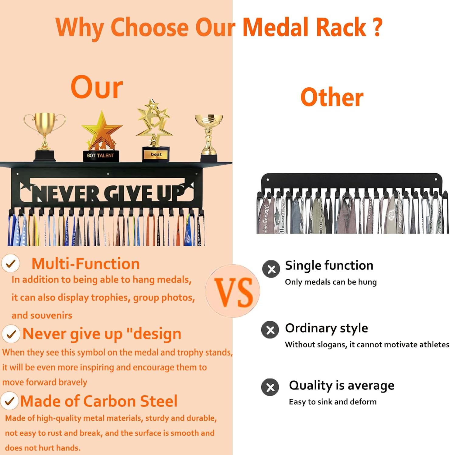 Medal Hanger Display,Trophy Shelf Medal Display Holder with 20 Hooks,Metal Awards Rack for Walls Holds,Race Medal Display Upgraded Medal Holder Display for Gymanstics,Soccer,Swim,Run image number 4