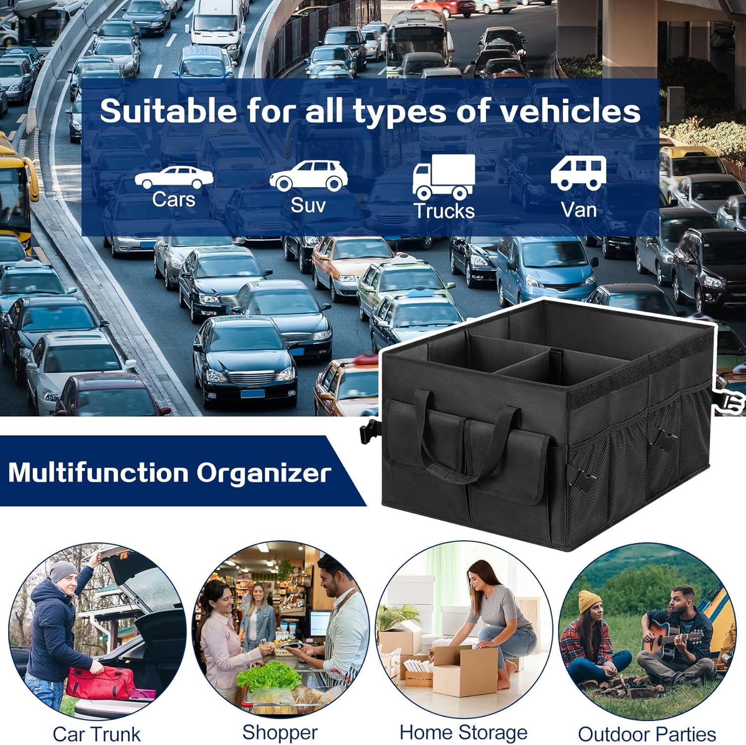 Car Boot Organizer with Lid, Collapsible Trunk Organizer with 12 Pocket, Non Slip Portable Multi Compartment Boot Tidy Sturdy Storage Box for Suvs, Sedans, Truck, Pickup Accessories (Black) image number 1