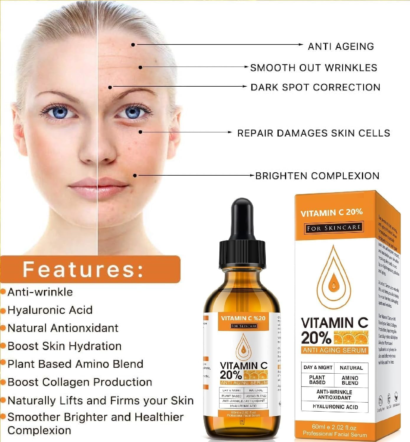 STR- Premium 20% Vitamin C Serum for Face with Hyaluronic Acid, Retinol & Amino Acids - Boost Skin Collagen, Brighten Hydrate & Plump Skin, anti Ageing & Wrinkle Facial Serum, Cosmetic Ingredient - 2.02Fl.Oz / 60Ml image number 3