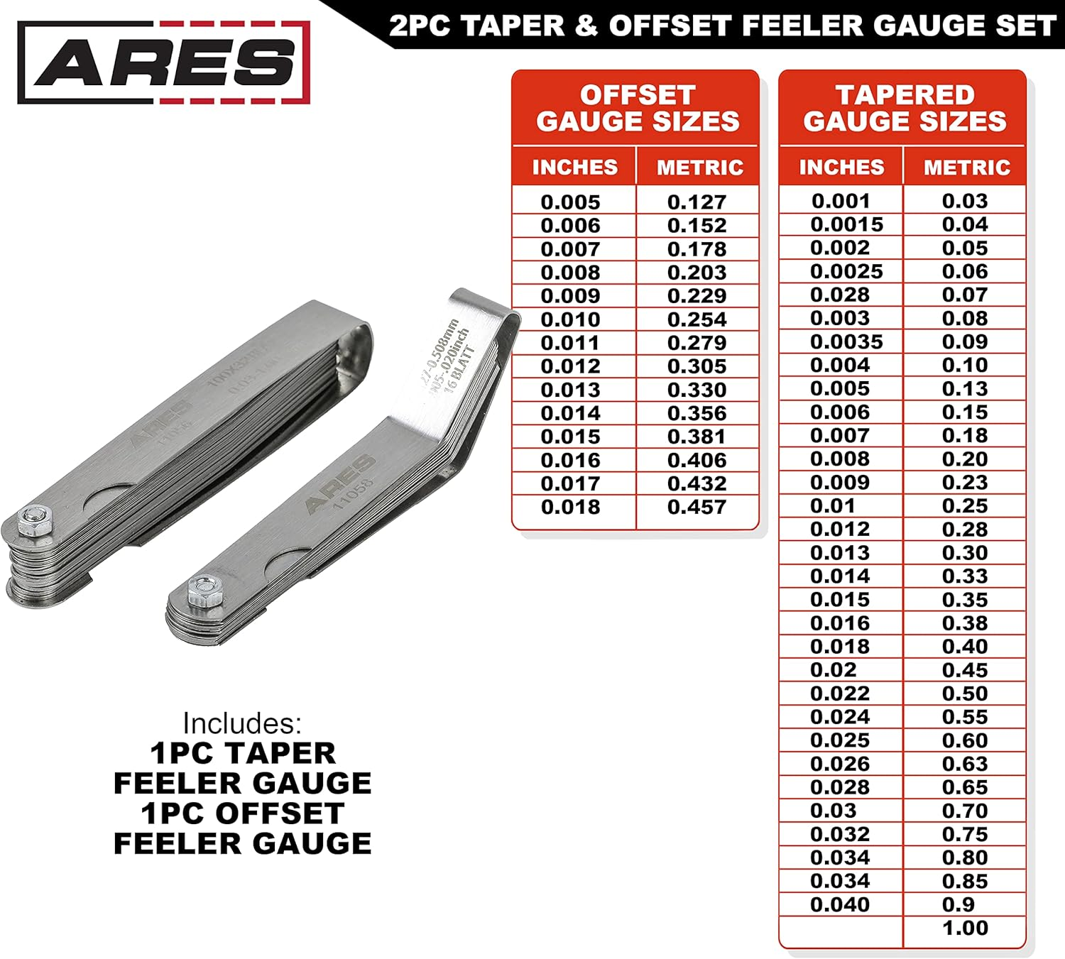 ARES 11042-2-Piece Tapered Feeler Gauge and Offset Feeler Gauge Set - Tapered Gauge Has 32 Dual-Marked SAE & Metric Sizes - Offset Has 16 Dual-Marked Sizes - Precisely Measure Mechanical Clearances image number 5