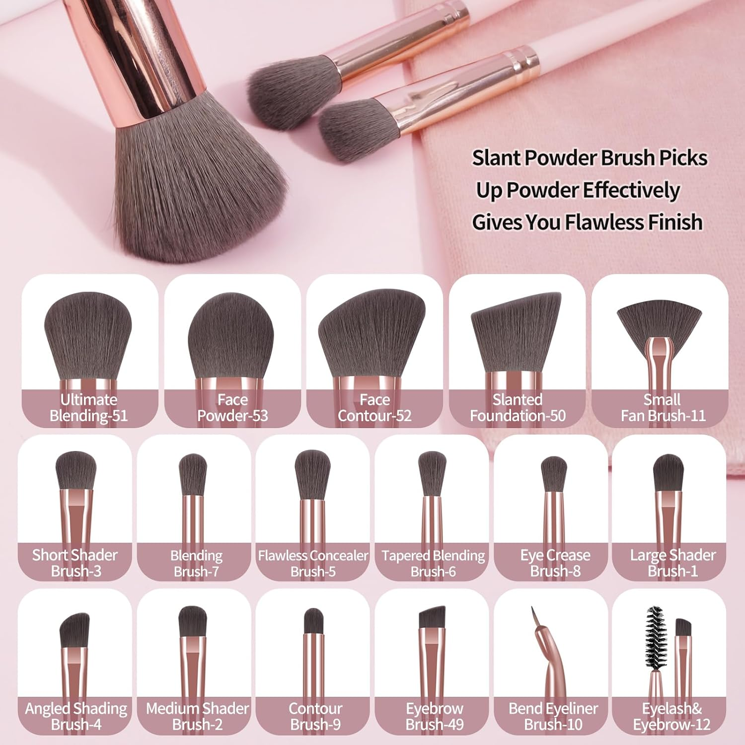 17 Pcs Makeup Brushes, Glitzcharm Makeup Brushes Set Premium Synthetic Powder Blush Concealers Eye Shadow Eyeliner Make up Brushes(17 Brushes+1 Pink Bag,Pink) image number 4