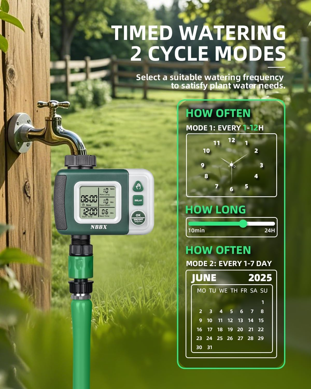 Automatic Water Timer for Garden Hose Tap, Digital Sprinkler Timer with Rain Delay, Outdoor Tap Water Timer for Lawn Garden Irrigation Watering System (Green) image number 4