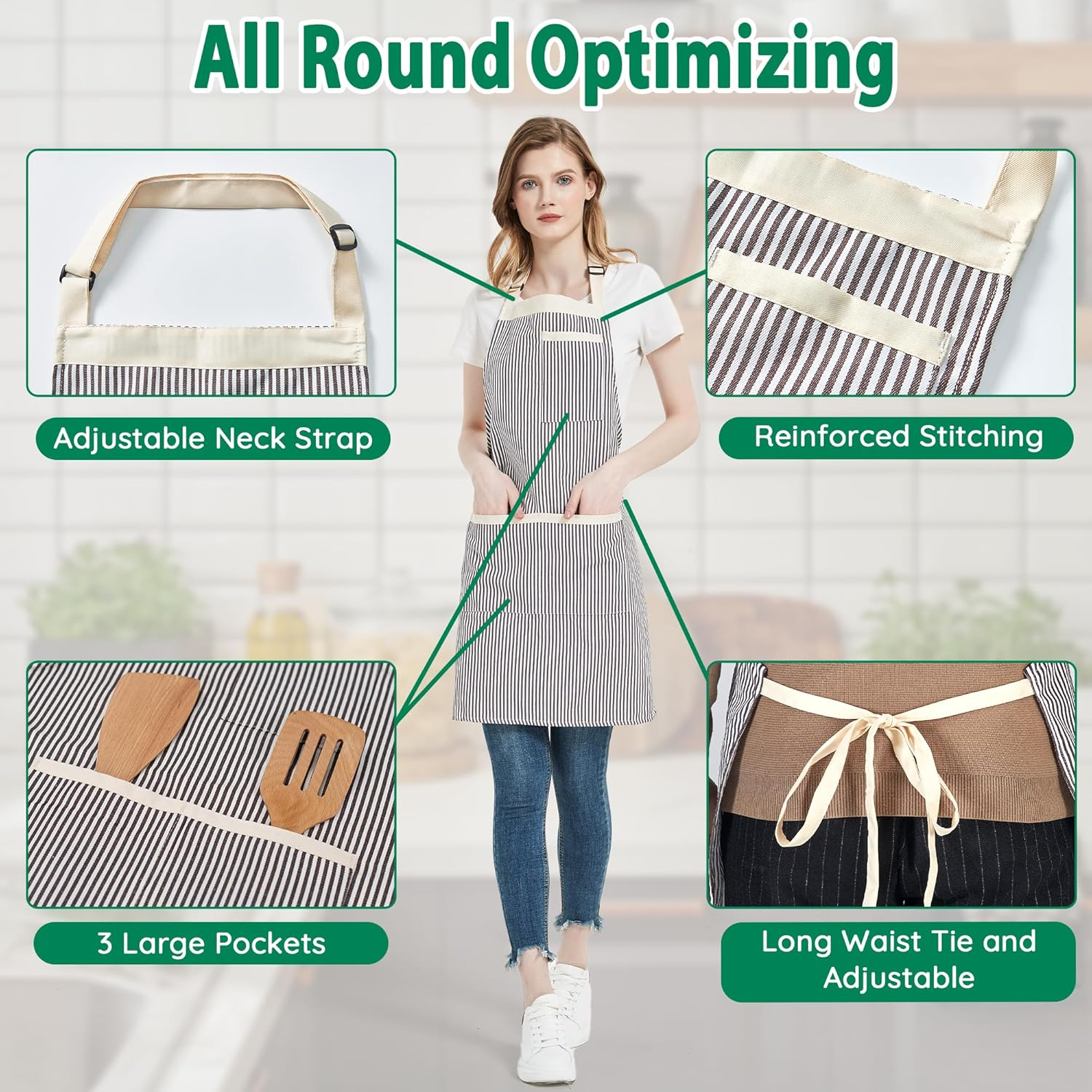 2 Pack Stripe Kitchen Apron, Adjustable Bib Soft Apron with 3 Pockets, Chef Aprons for Men Women, Cooking Aprons for BBQ Painting Gardening Baking Restaurant image number 6