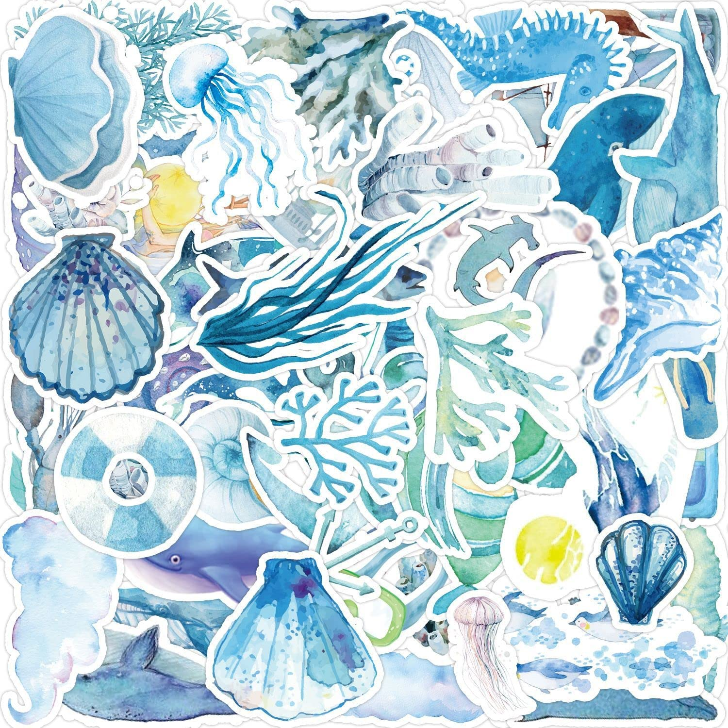 Watercolor Ocean Animal Stickers, 50 Pcs Cute Ocean Sea Life Stickers for Water Bottle Laptop Luggage Computer Phone Guitar Scrapbook, Blue Marine Life Vinyl Decals for Kids Teens Girls Adults image number 1