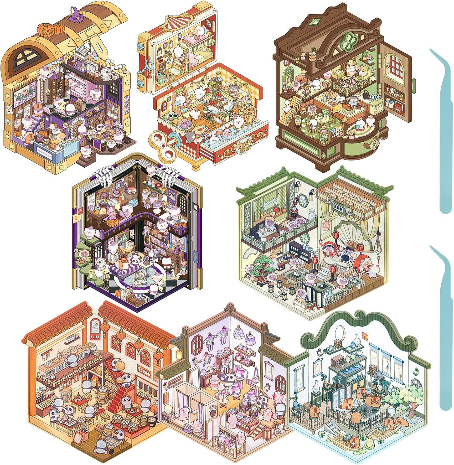 8 Set DIY 3D House Scene Stickers, 2025 New Fun DIY 3D Sticker Scene Make Your Own Mini Room, Cute Cartoon Miniature Scene Sticker Set, 3D House Stickers Quiet Book for Adults Kids Gift