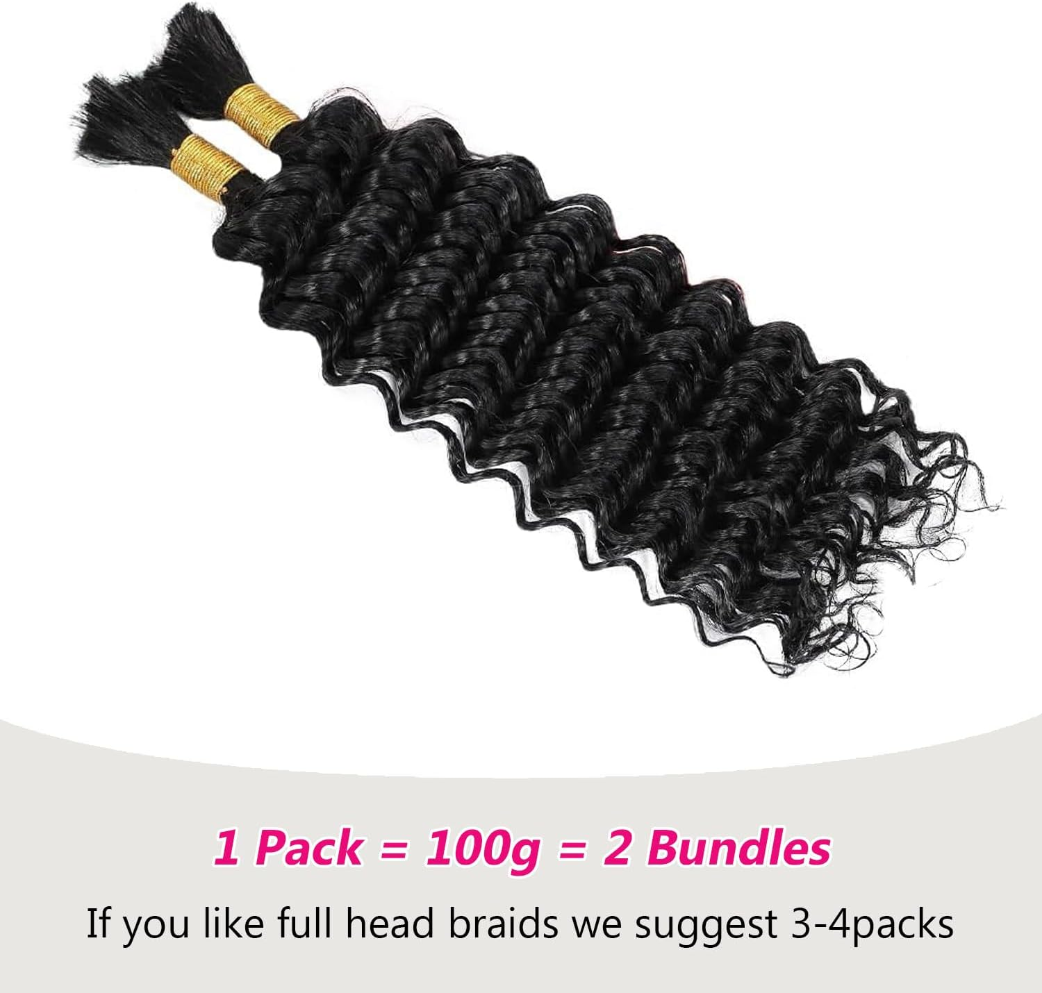 Deep Wave Bulk Human Hair for Boho Braids Human Braiding Hair for Micro Braid 100% No Weft Brazilian Virgin Curly Human Hair Extensions for Boho Braids (Deep Wave 1B#, 18Inch 100G(50Gx2Bundles)) image number 6