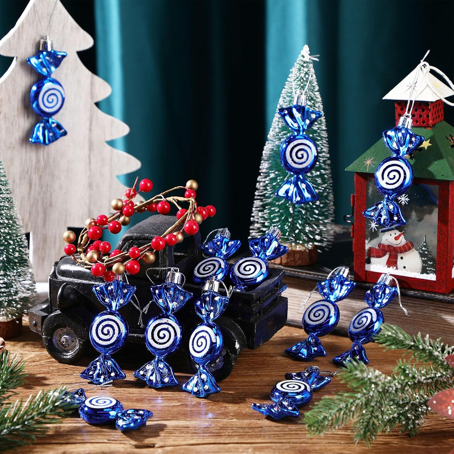 Threan 12 Christmas Tree Sweets Christmas Tree Decorations Candy Glitter Hanging Christmas Candy Ornaments Candy Cane Decoration with Golden Ropes (Blue, Plastic)