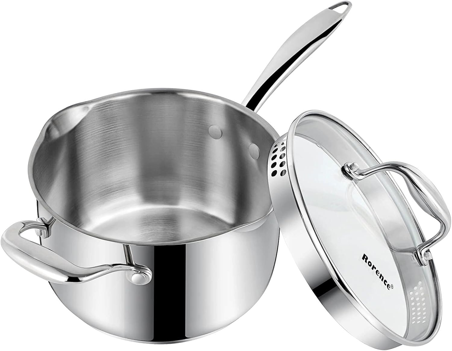 Rorence Stainless Steel Saucepan with Pour Spout & Glass Lid with Strainer - 3.7 Quart image number 1