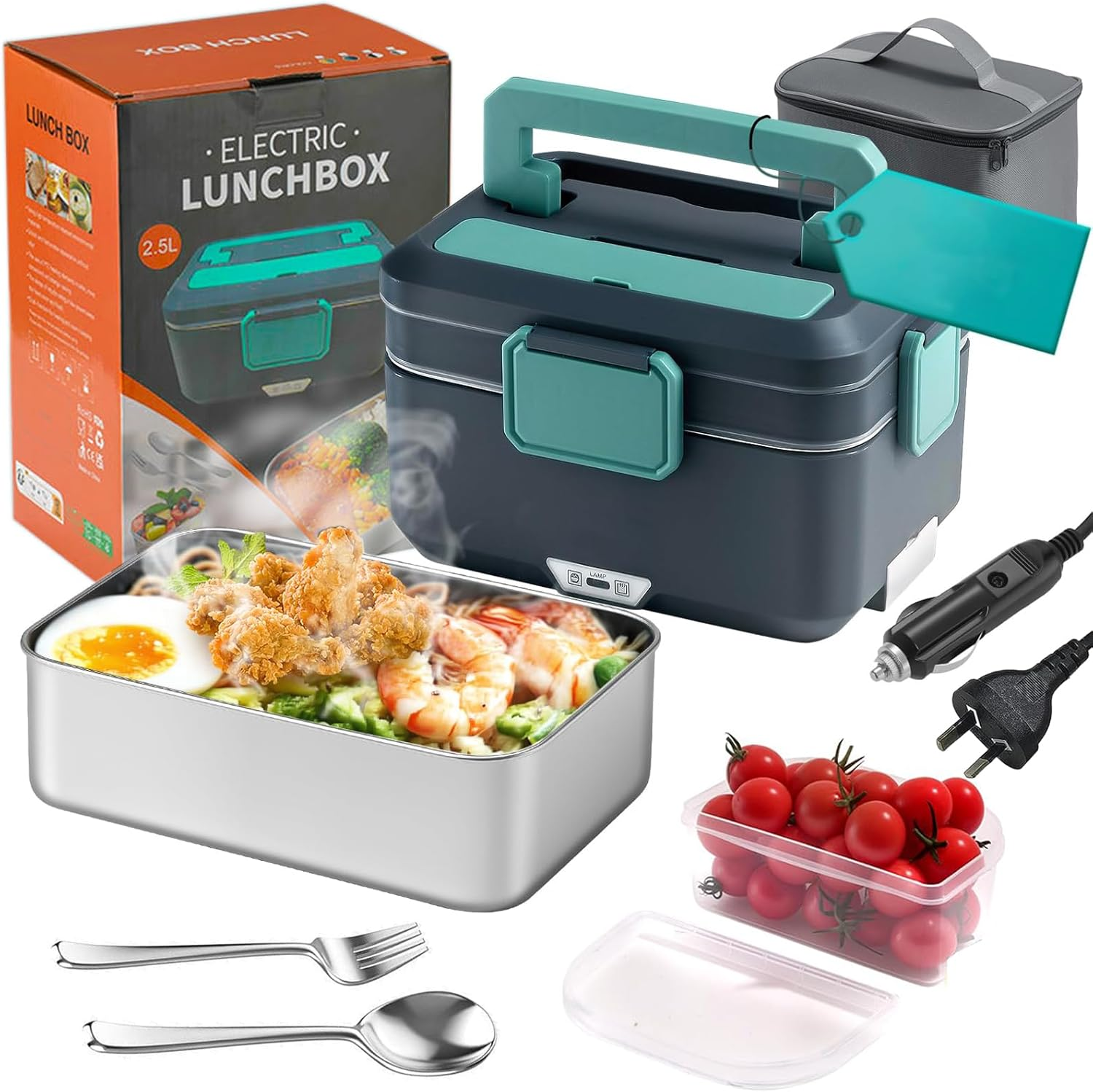 TOJUNE Electric Heating Lunch Box, Food Warmer, 90 W, 2 in 1 Portable Bento for Car, Home, Office, School, Leak Proof with 2.5 L 304 Stainless Steel Container & Spoon, AU Socket 220V 12V 24V (Blue) image number 5