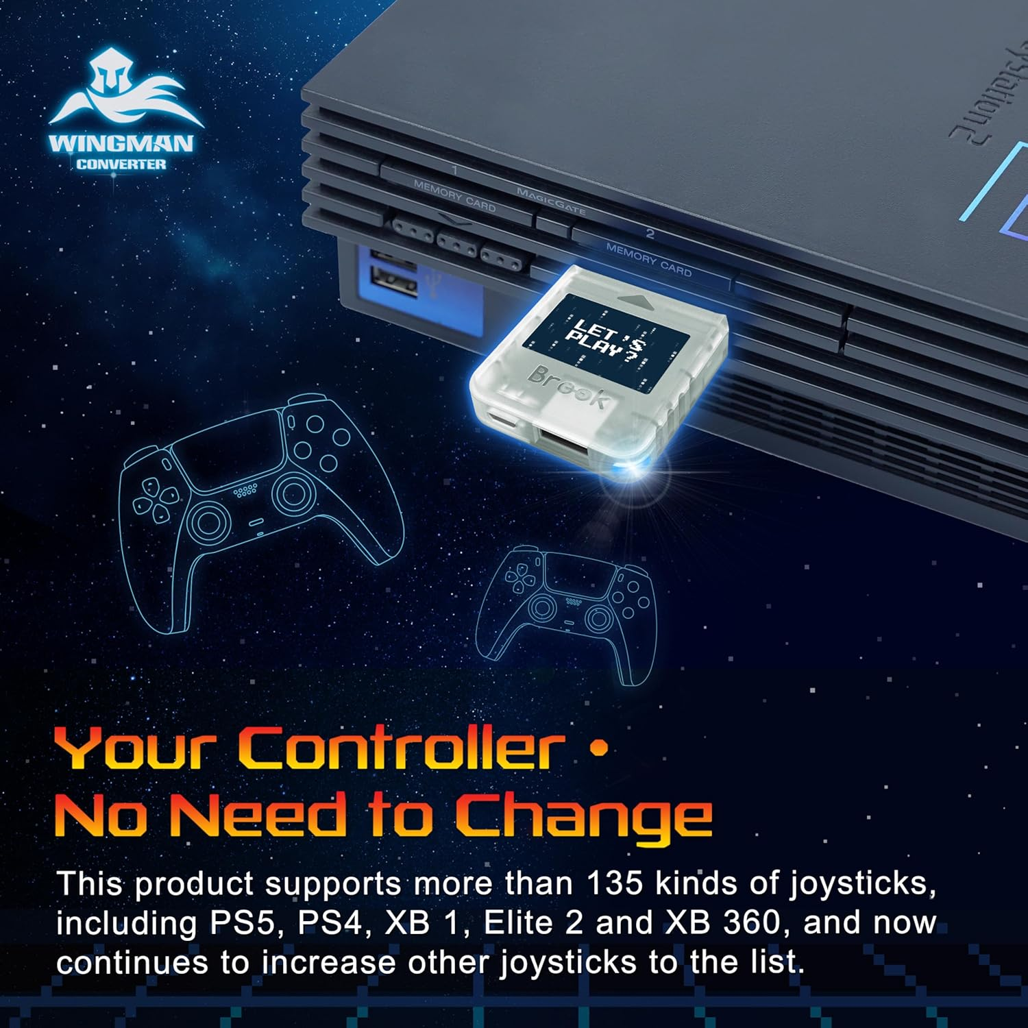 Brook Wingman PS2 Converter for Xbox 360/Xbox One/Xsx|S/Xbox Elite 1&2/Ps5/Ps4/Ps3/Switch Pro Controller to PS2/PS/PS Classic - Clear Edition