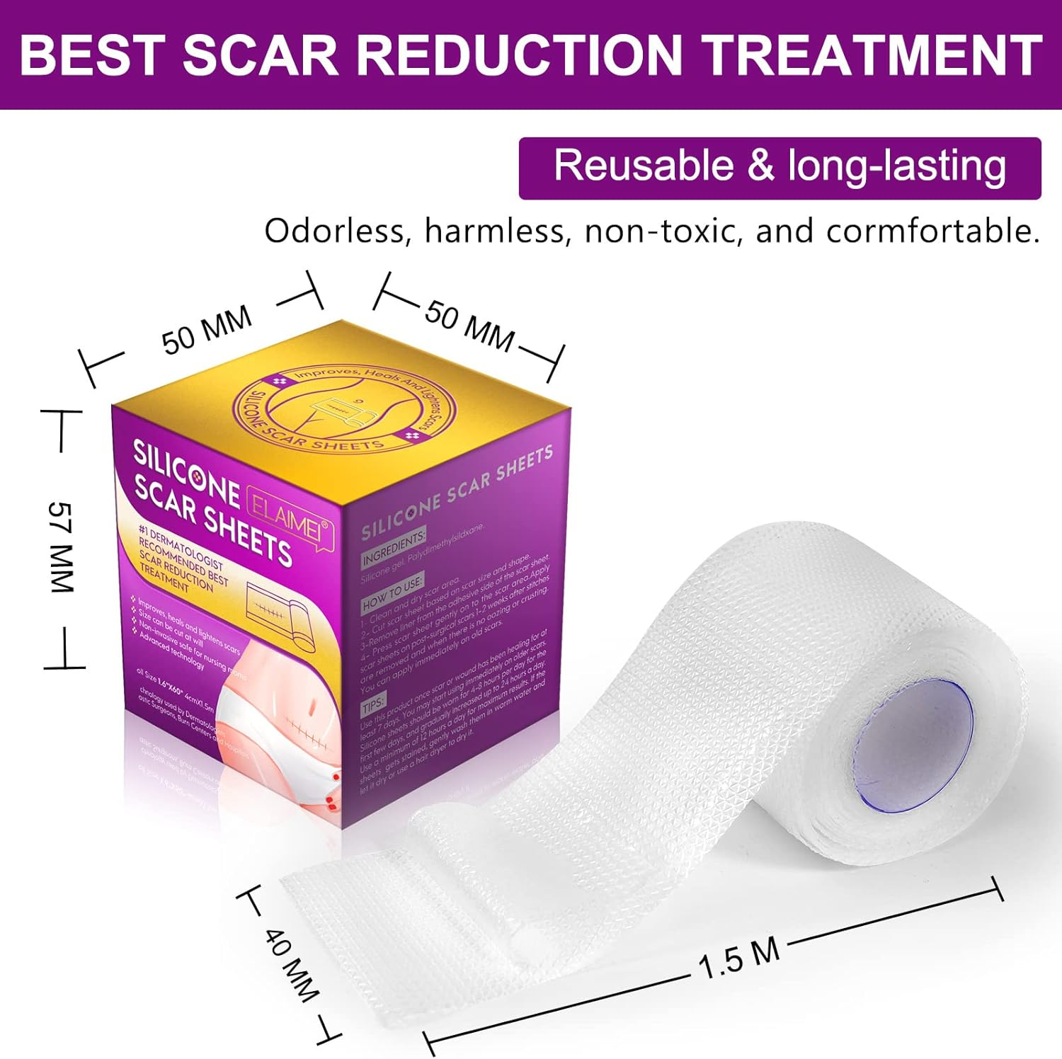 Silicone Scar Sheets - Thick, Silicone Scar Tape (1.6"X 60", 4Cm X 1.5M) - Keloid Bump Removal - Reusable and Effective Scar Removal Strips - Silicone Tape for Scars, Keloid, C-Section, Acne Et image number 6