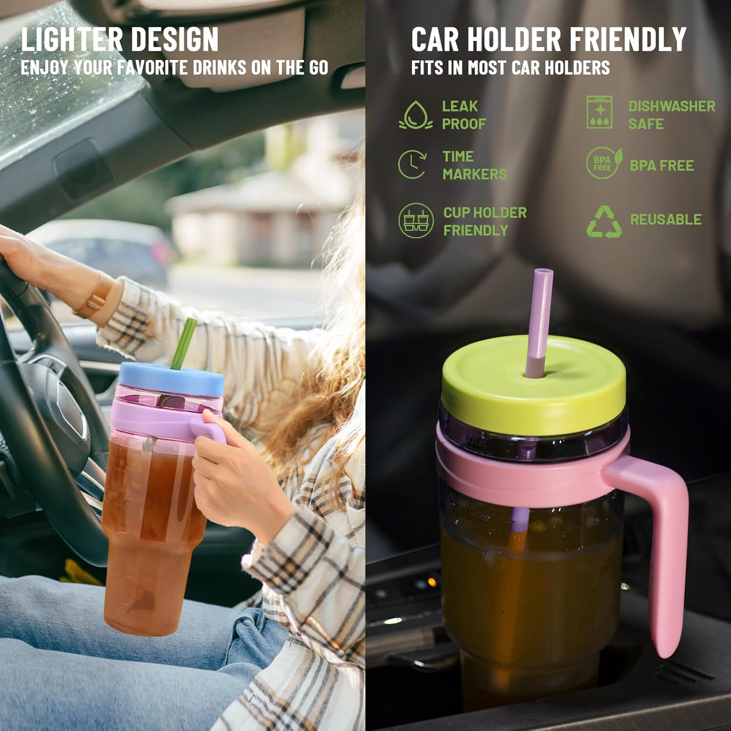 Cafezi 1.5L / 50Oz Reusable Tumbler with Straw & Lid, Bpa-Free Leakproof Tritan Drink Bottle with Time Markers, Wide Mouth Smoothie & Iced Coffee Cup &ndash; Ideal for Gym, Office, Camping & Travel image number 1