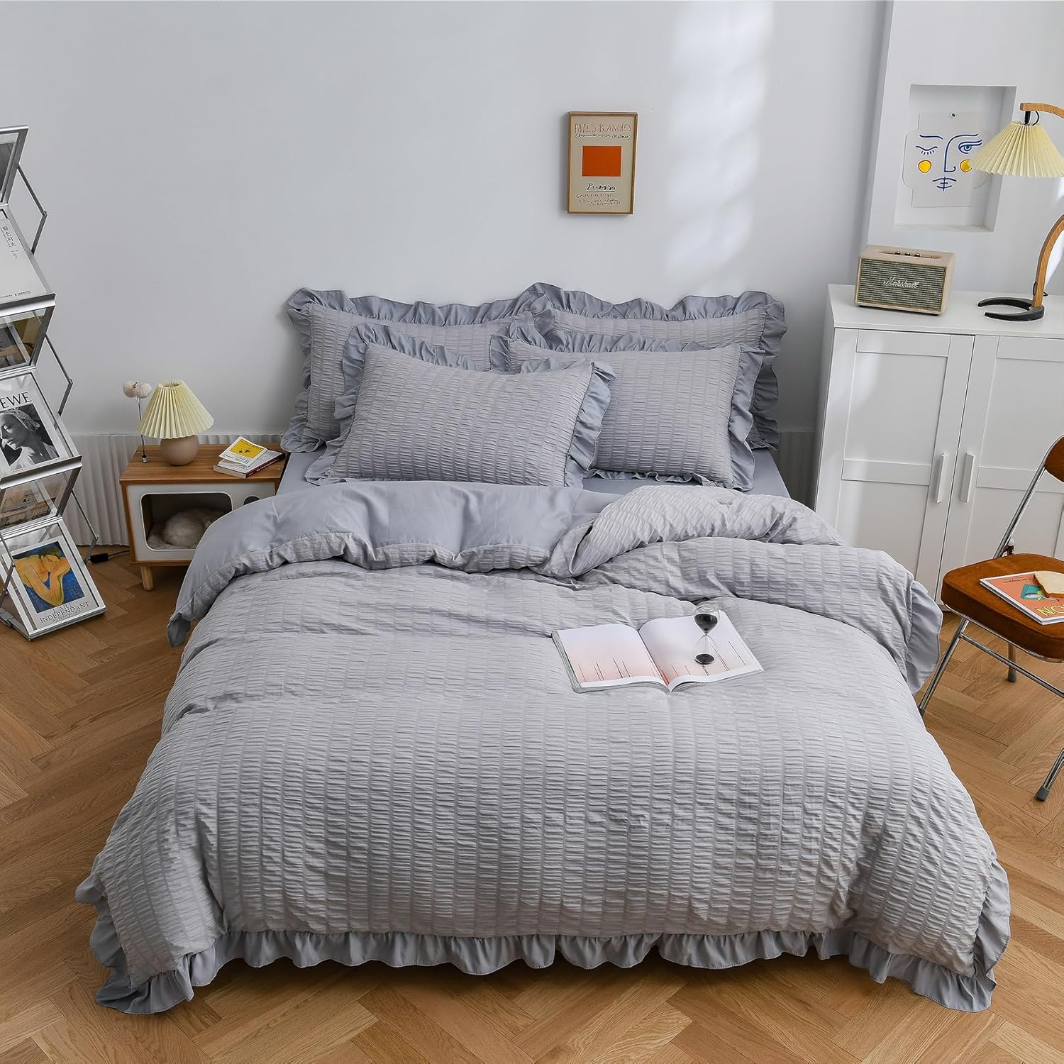 AYO Duvet Cover, Single, 3-Piece Set, Seersucker Fabric, Ruffled, Duvet Cover, Bed Cover, Pillowcases, Fitted Sheet, Bedding Cover Set, Peach Skin Treatment, Western Style, Washable, Quick Dry Type