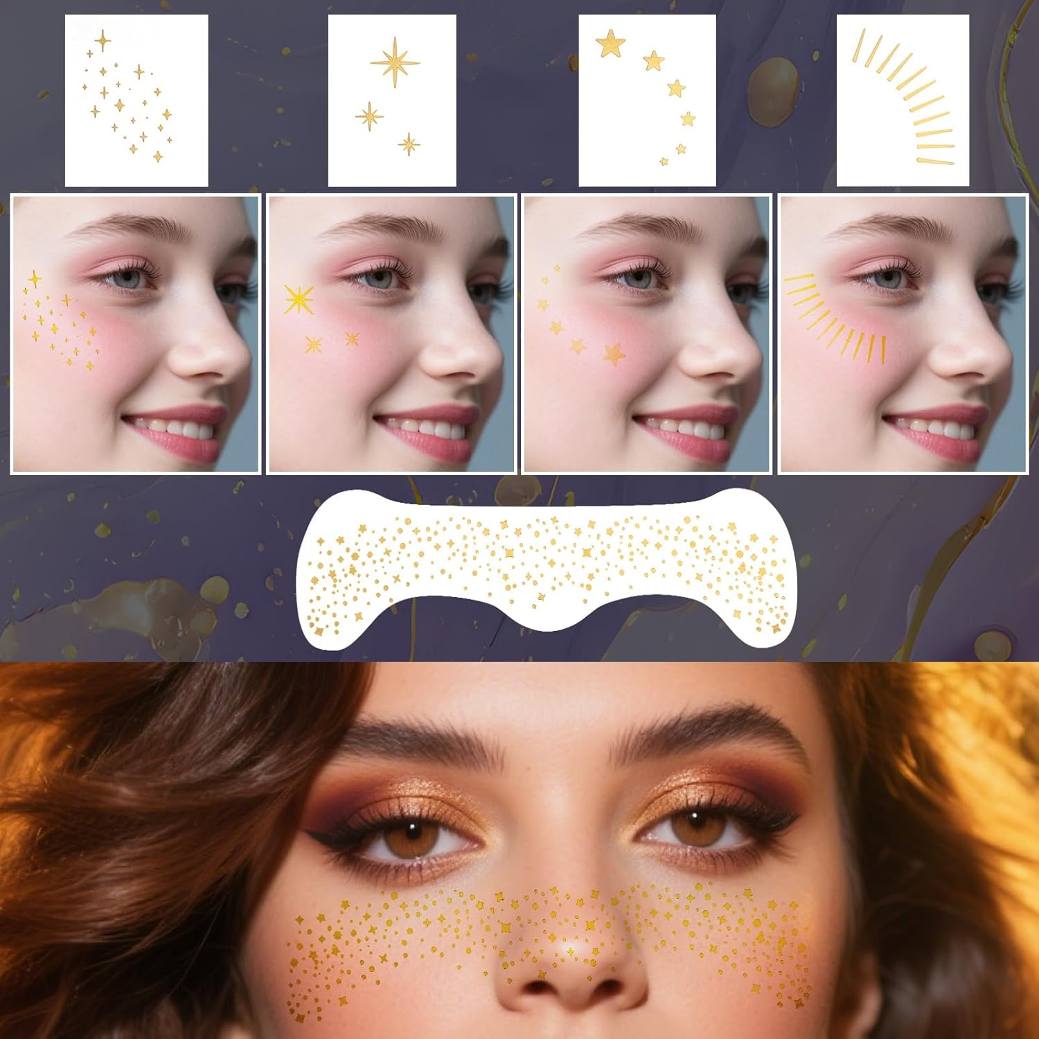 Lasuroa 20Pcs Glitter Freckles Temporary Face Tattoos, 2 Styles Waterproof Freckles Face Tattoo Glitter Makeup Patches for Teens & Women Christmas Halloween Parties (Gold) image number 5