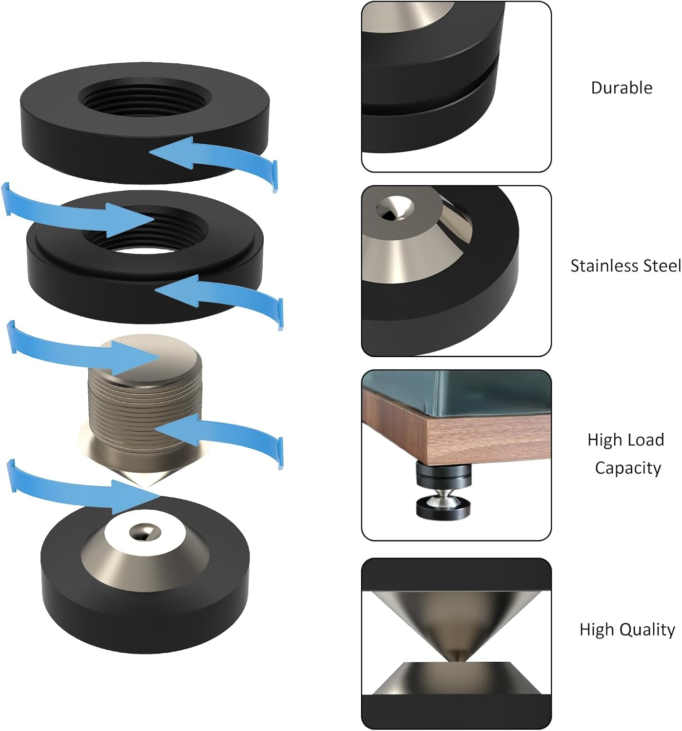 Monosaudio Hifi Speaker Isolation Feet 39X39Mm Speaker Spikes Pads Subwoofer Spikes Amplifier Feet for Audio,Speakers,Subwoofers, Home Theater,Turntable,Dac/Dvd Player(4 Sets, Black)