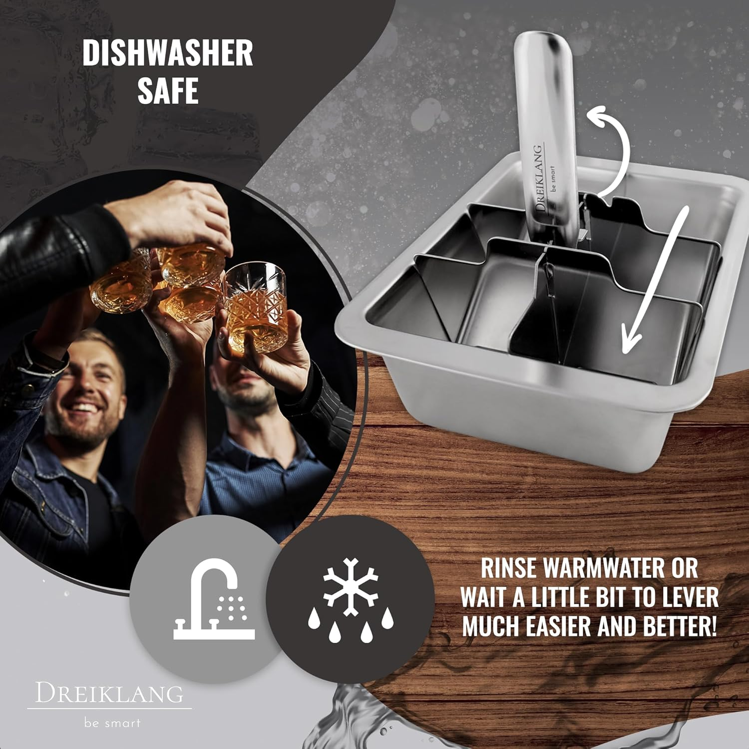 Dreiklang - Be Smart&reg; 18/8 Stainless Steel XXL Ice Cube Tray for Whiskey with Lever Insert for Effortless Removal, Polished, Food-Safe & Durable Cocktail Long Drinks, Alternative to Ice Stones image number 2