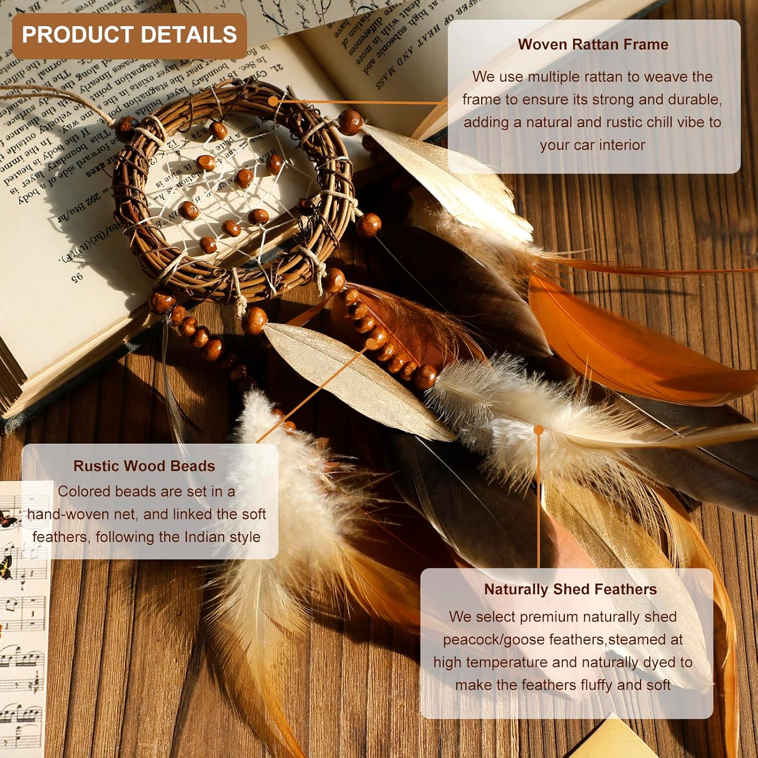 Mini Dream Catcher for Car Rear View Mirror Accessories - Handmade Small Brown Dreamcatchers Boho Car Charm Interior Decor, Native Ameican Indian Hanging Ornament Room Decor image number 2