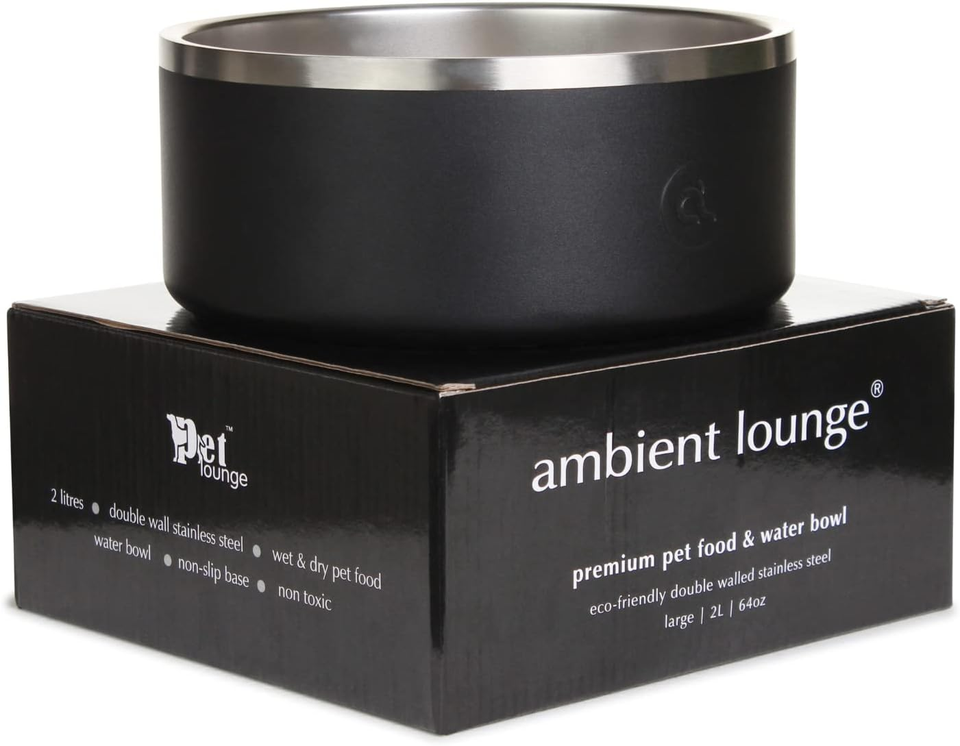 Ambient Lounge 2L Stainless Steel Dog Bowl - Rust-Resistant, Dishwasher Safe, Non-Slip Base (Black) image number 1