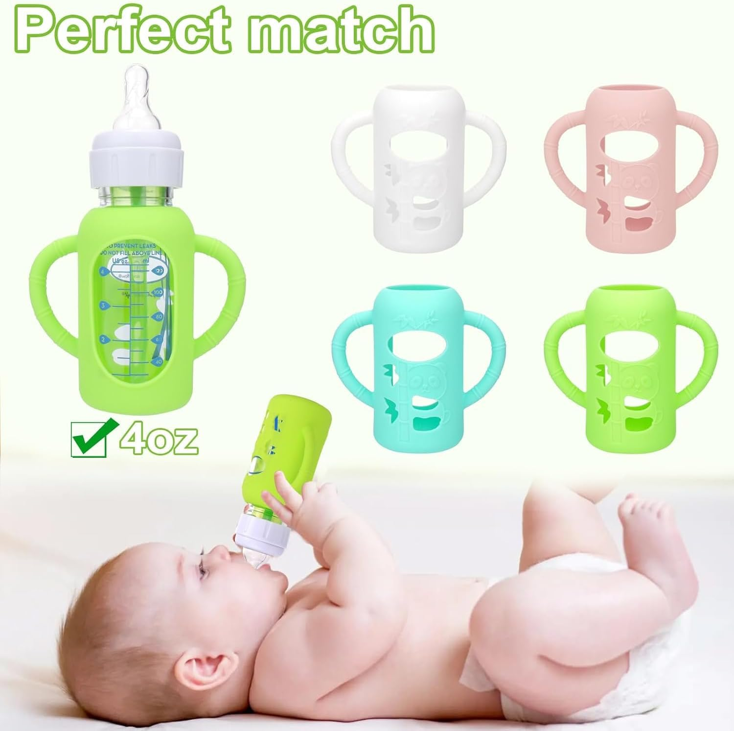 4 Pack Silicone Sleeves for Dr. Brown'S Glass Bottles 4OZ - anti Breakage Baby Bottle Holder, Compatible with Dr. Brown'S Glass Bottles for Babies (4OZ with Handle) image number 3